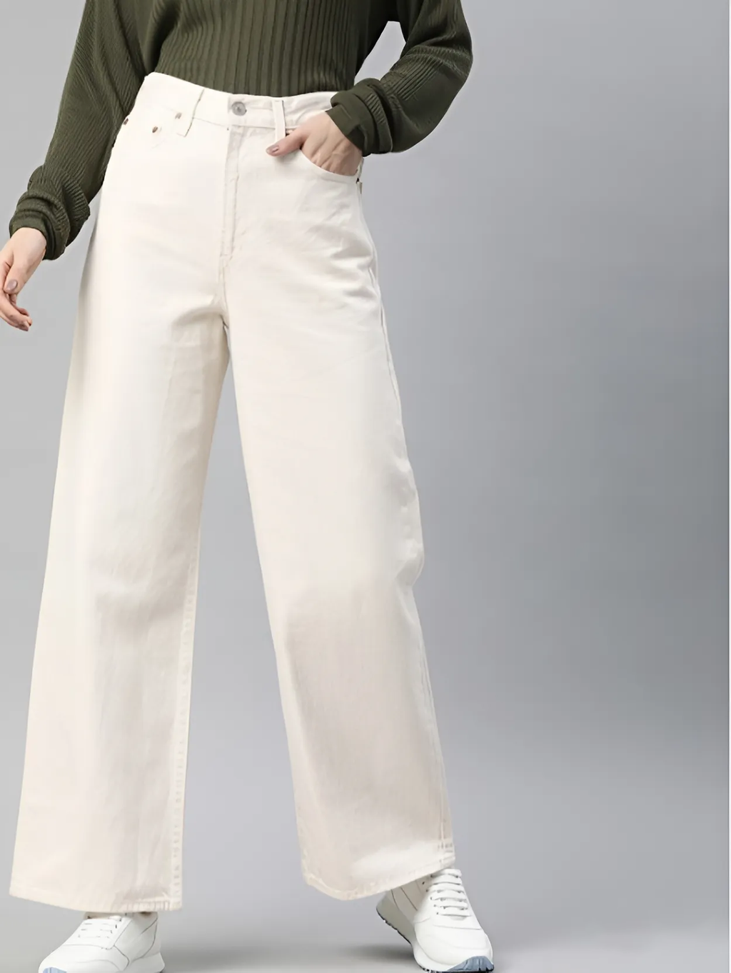 Women Cream Wide Leg Stretchable Straight Fit Mid-Rise Jean