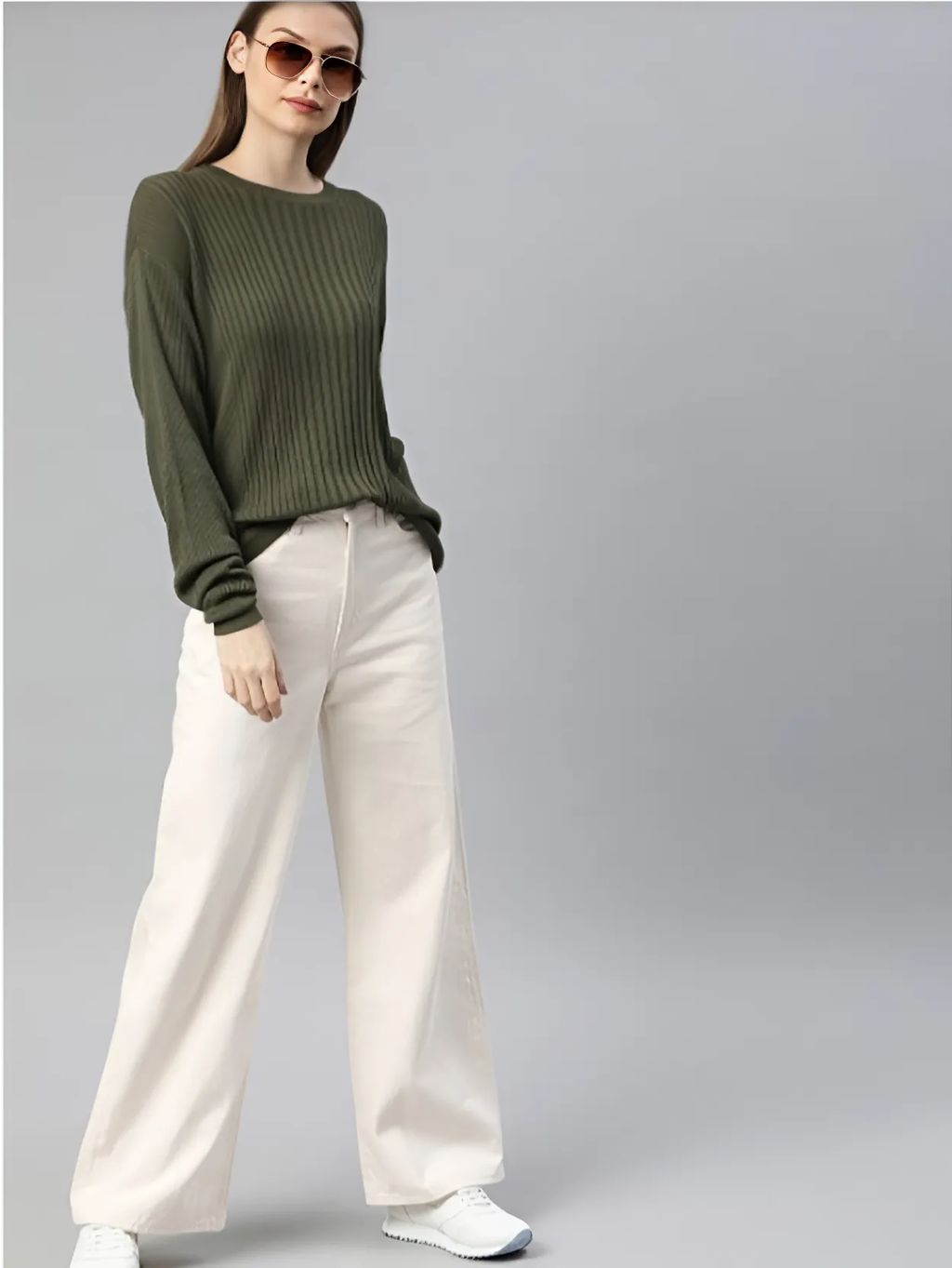 Women Cream Wide Leg Stretchable Straight Fit Mid-Rise Jean