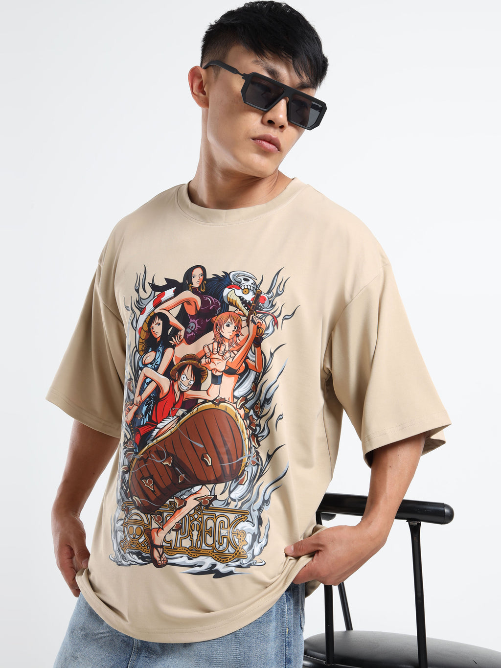 Men's Beige One Piece Female Characters Oversized T-Shirt