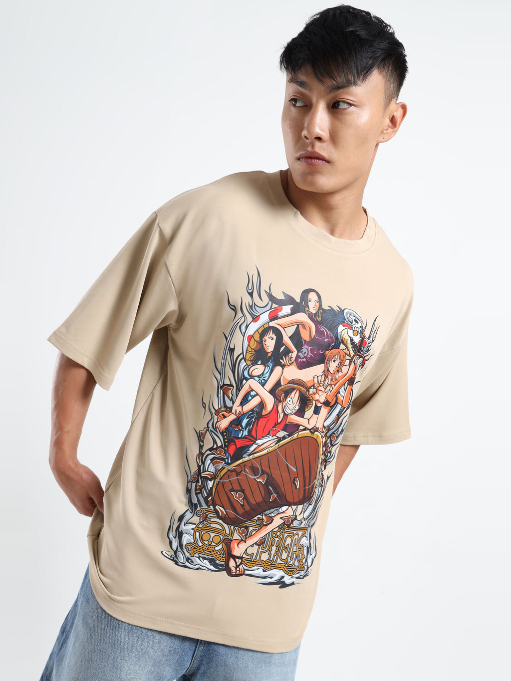 Men's Beige One Piece Female Characters Oversized T-Shirt