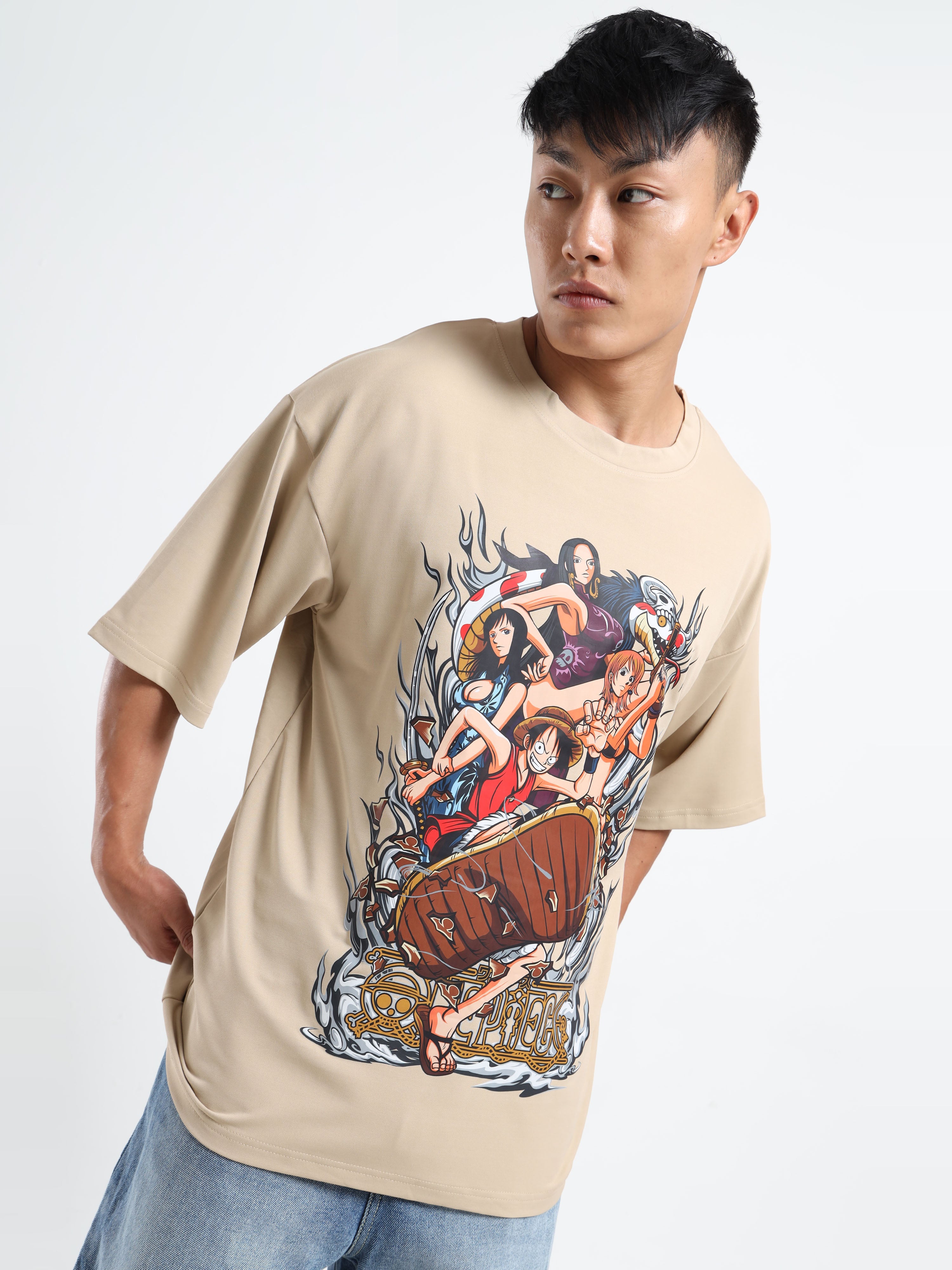 Men's Beige One Piece Female Characters Oversized T-Shirt