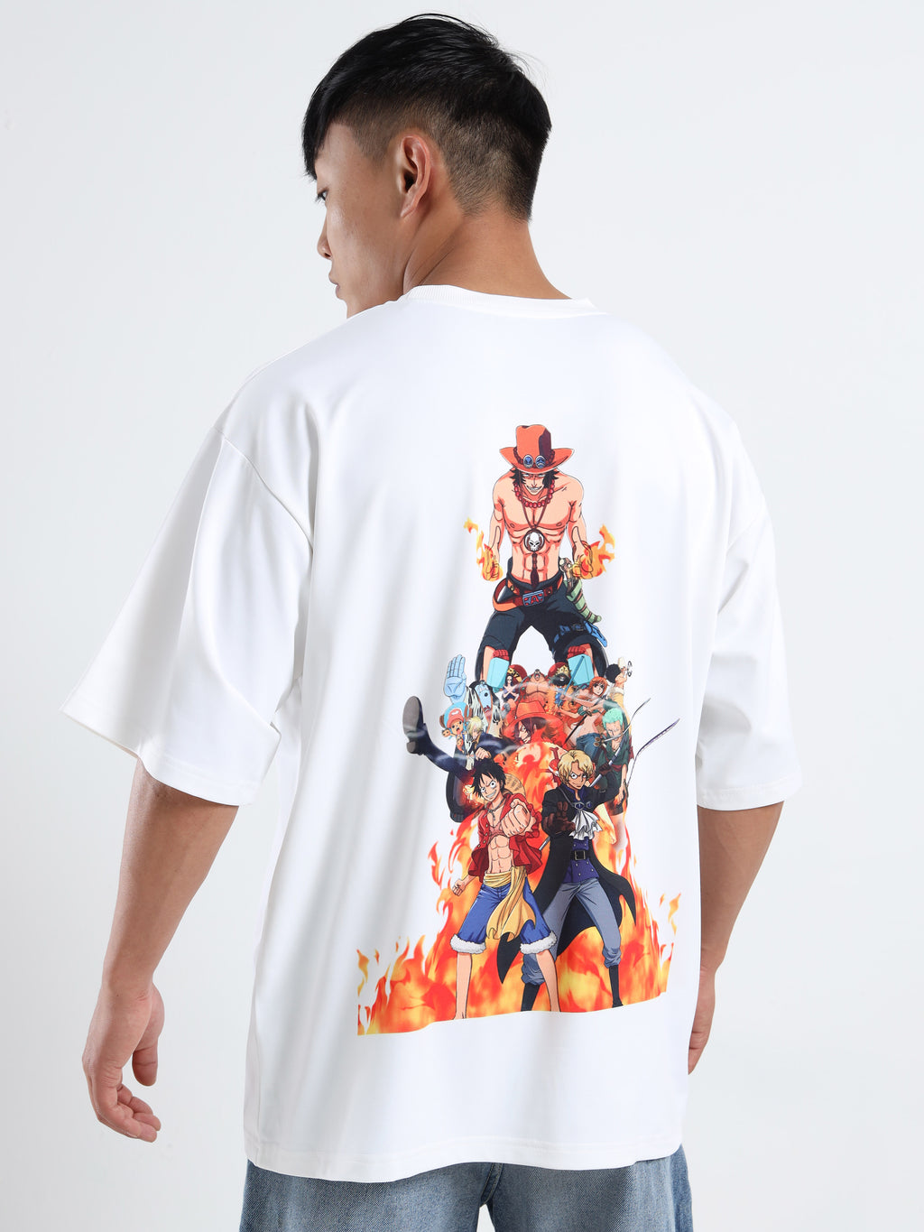 Men's White One Piece Fire Fist Ace Oversized T-Shirt