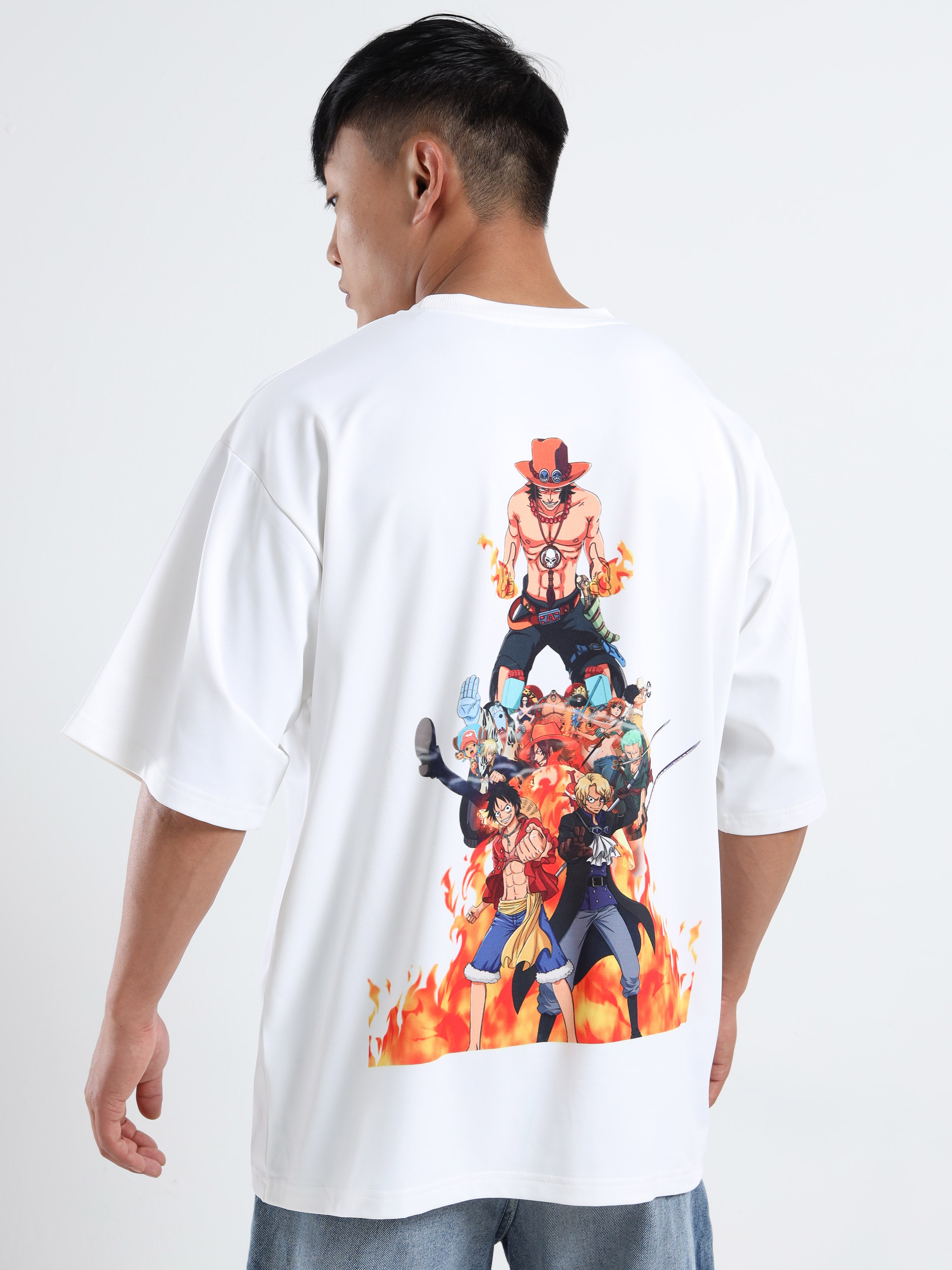 Men's White One Piece Fire Fist Ace Oversized T-Shirt