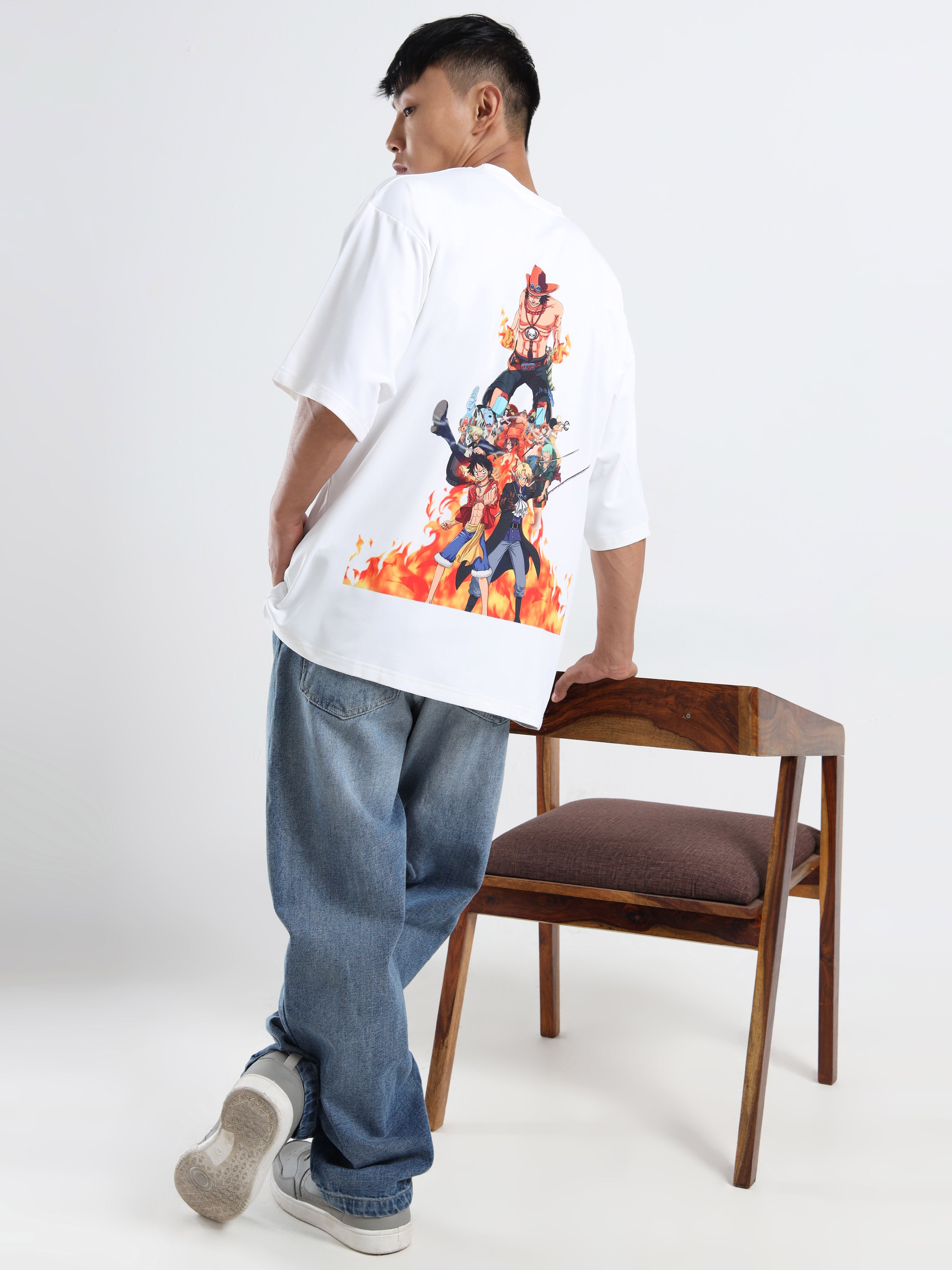 Men's White One Piece Fire Fist Ace Oversized T-Shirt