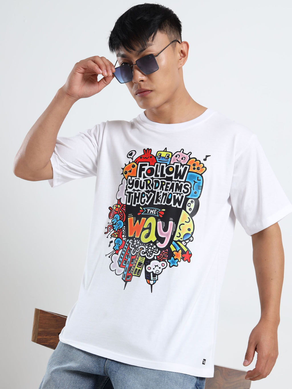 Men's White 'Follow Your Dreams' Doodle Graphic T-Shirt