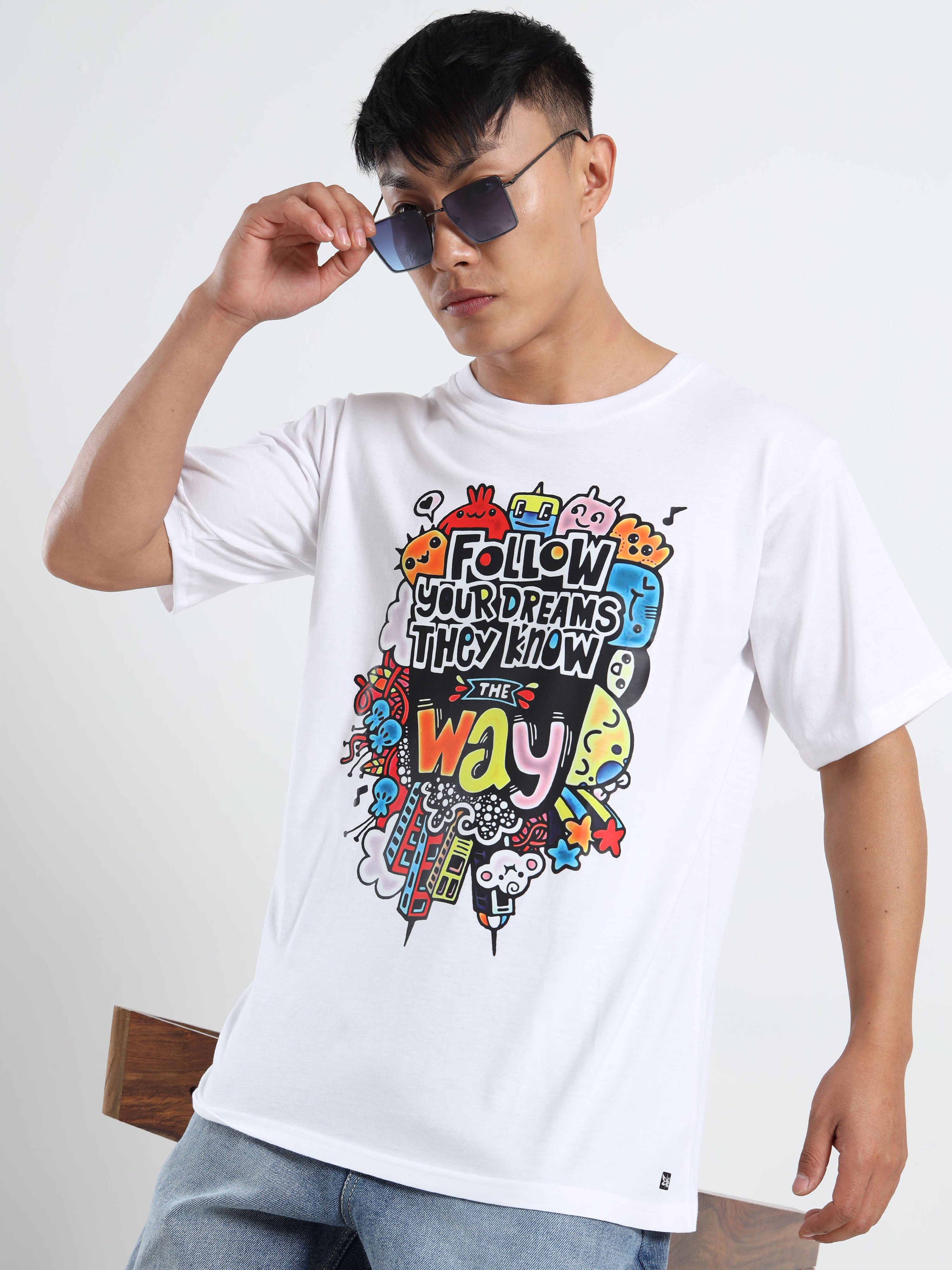 Men's White 'Follow Your Dreams' Doodle Graphic T-Shirt