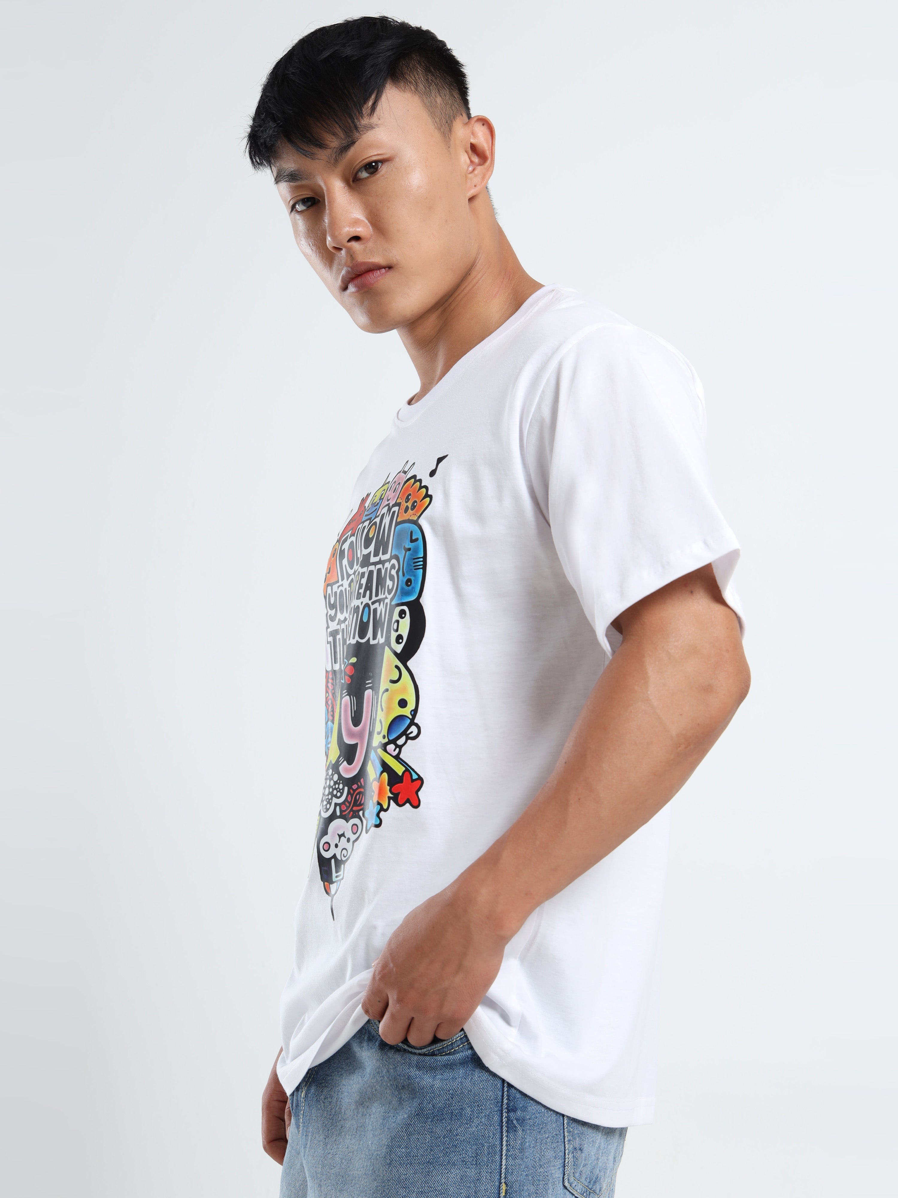 Men's White 'Follow Your Dreams' Doodle Graphic T-Shirt