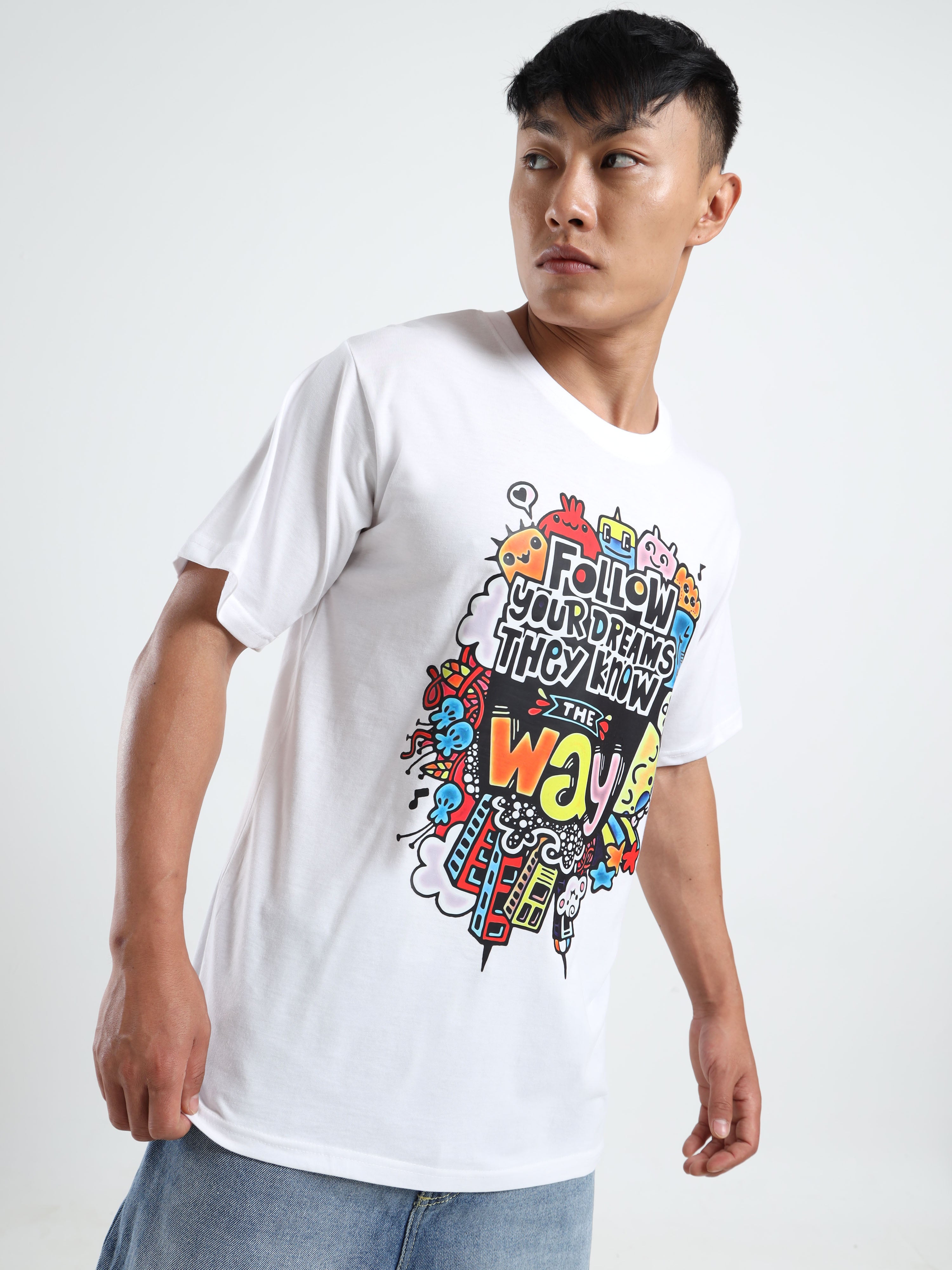 Men's White 'Follow Your Dreams' Doodle Graphic T-Shirt