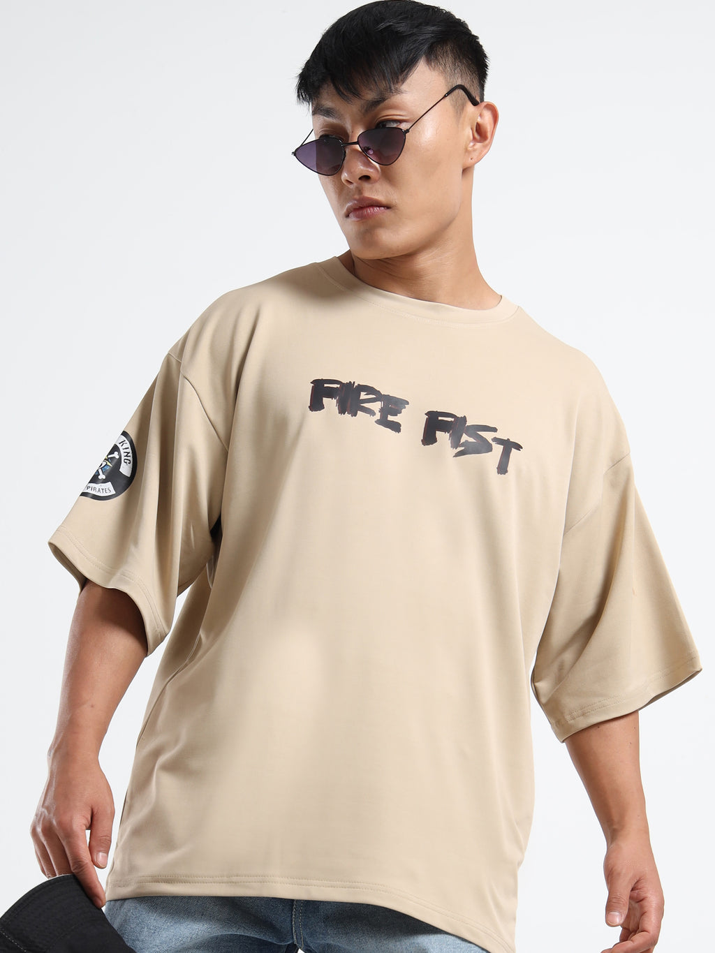 Men's Beige One Piece Fire Fist Ace and Yamato Oversized T-Shirt
