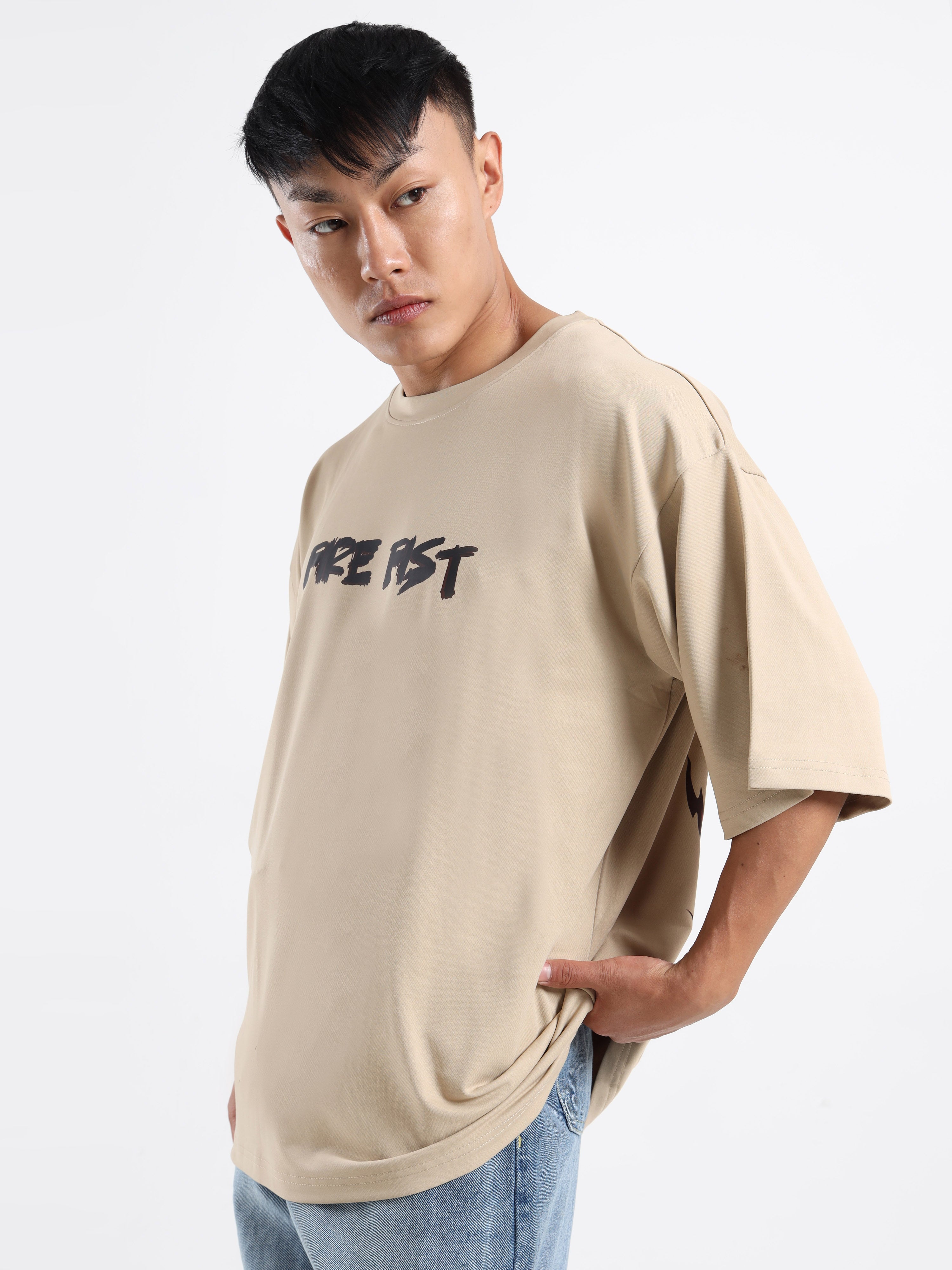 Men's Beige One Piece Fire Fist Ace and Yamato Oversized T-Shirt