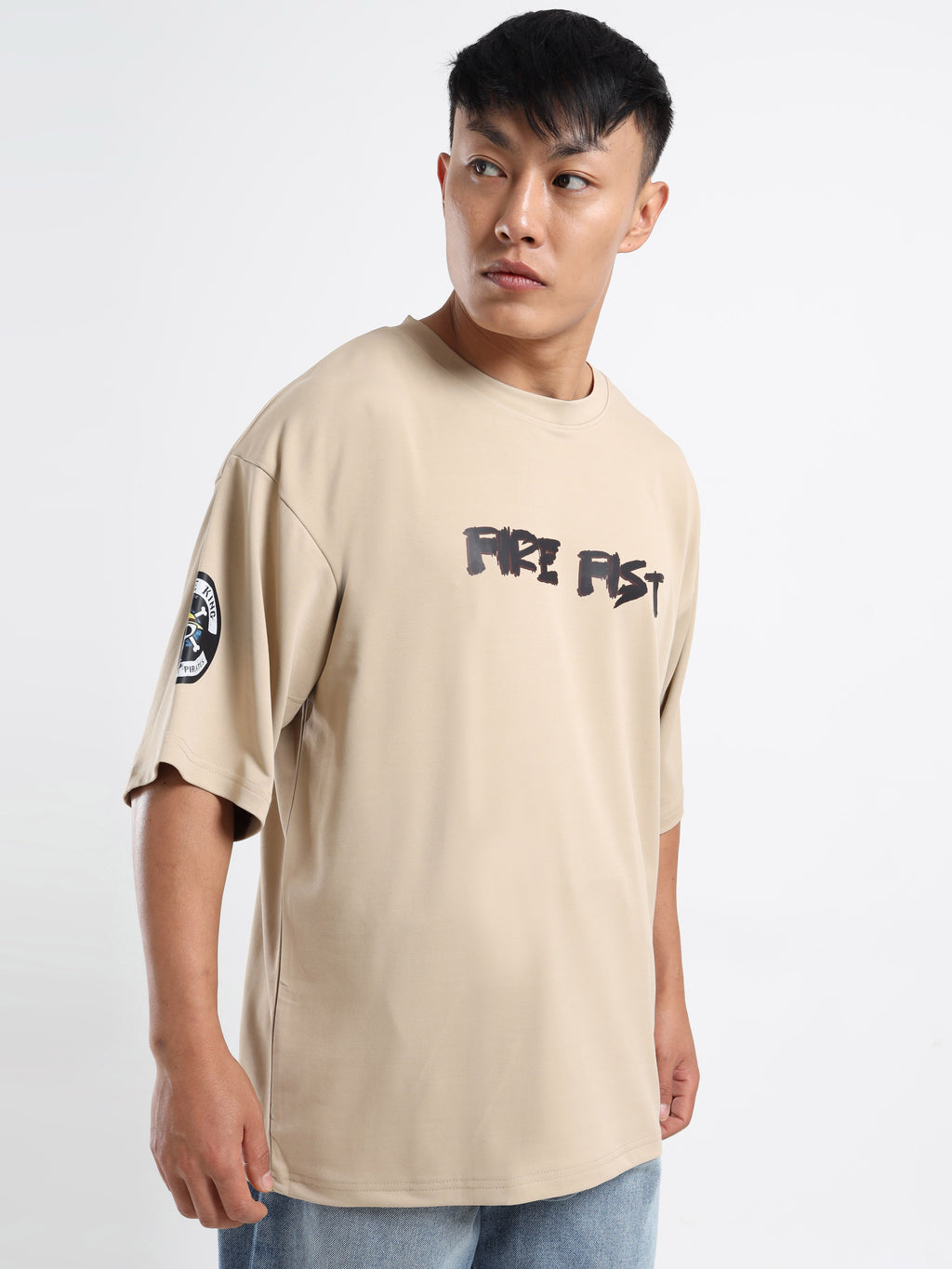 Men's Beige One Piece Fire Fist Ace and Yamato Oversized T-Shirt