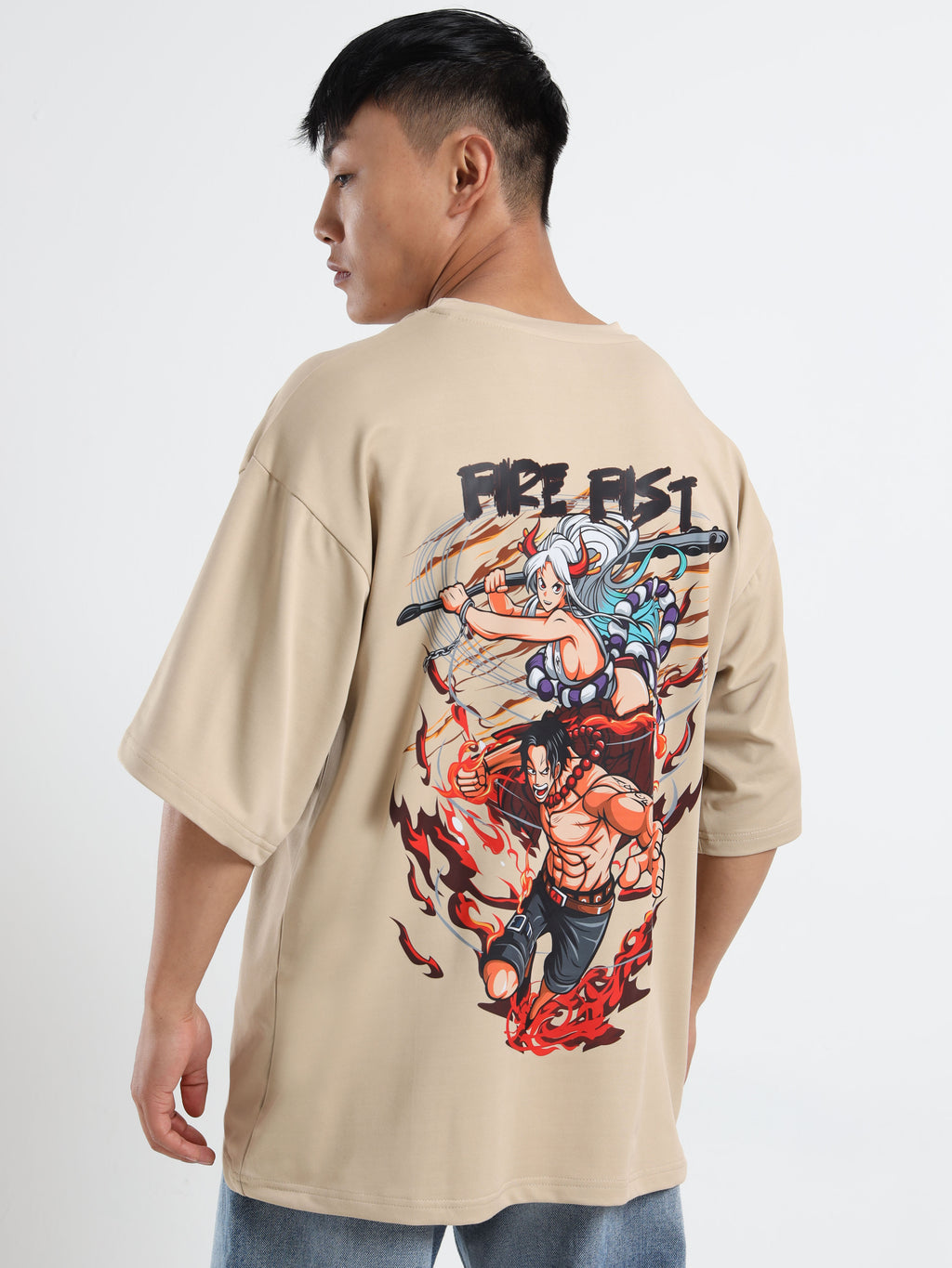 Men's Beige One Piece Fire Fist Ace and Yamato Oversized T-Shirt