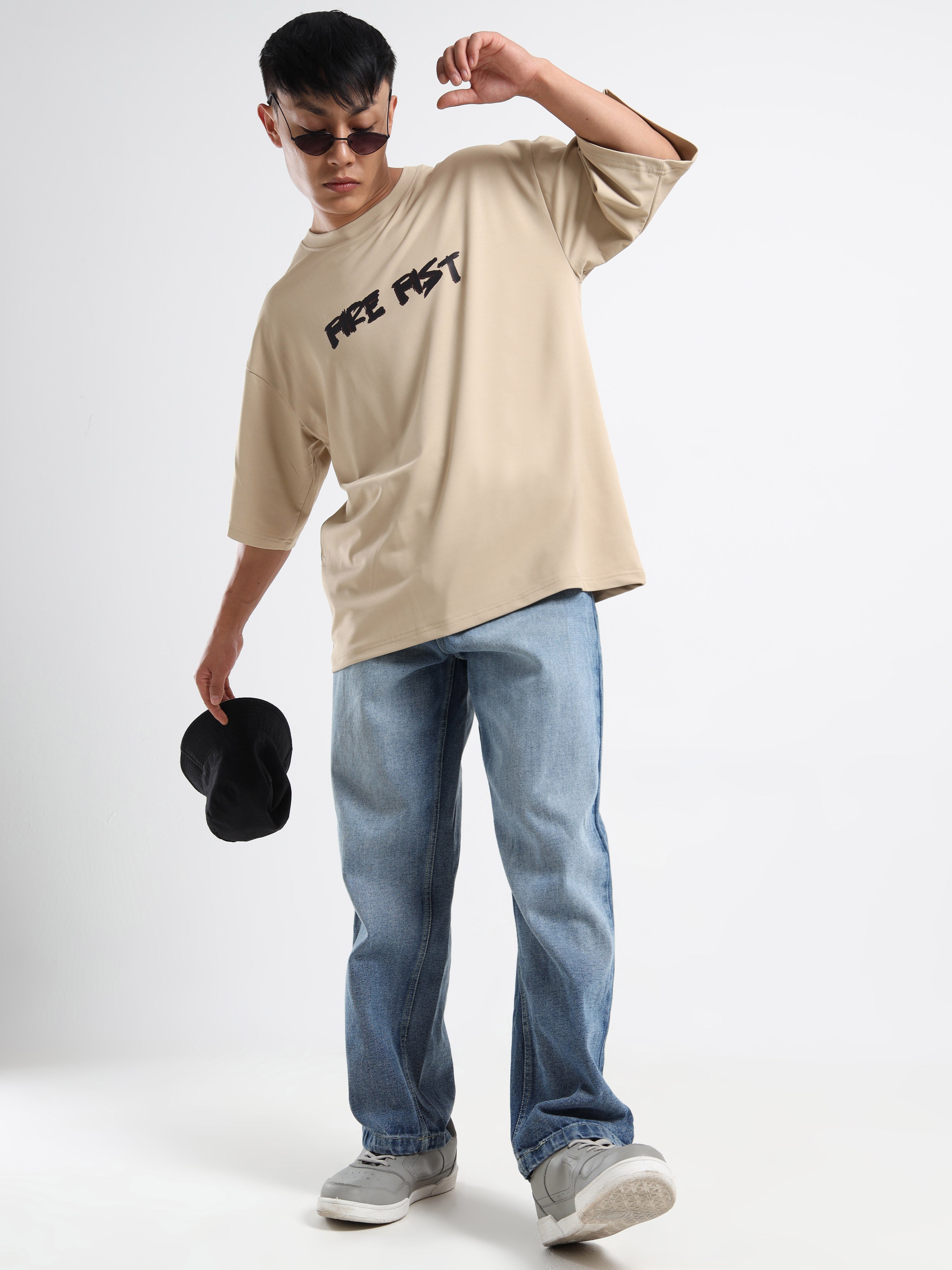 Men's Beige One Piece Fire Fist Ace and Yamato Oversized T-Shirt