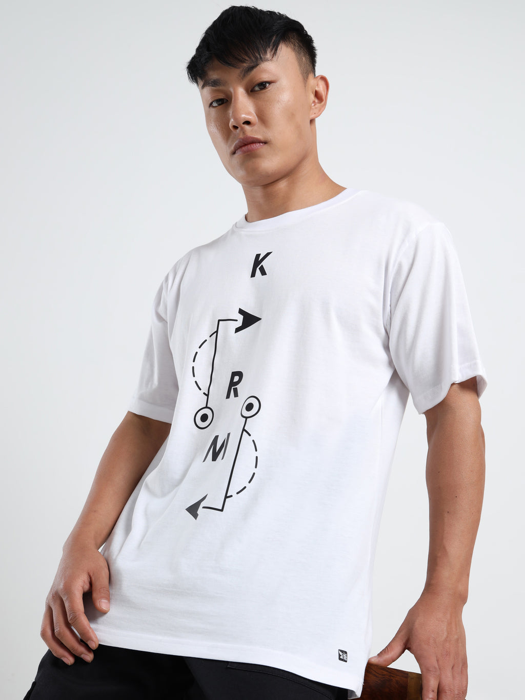 Men's White Minimalist Karm Arrow Graphic T-Shirt