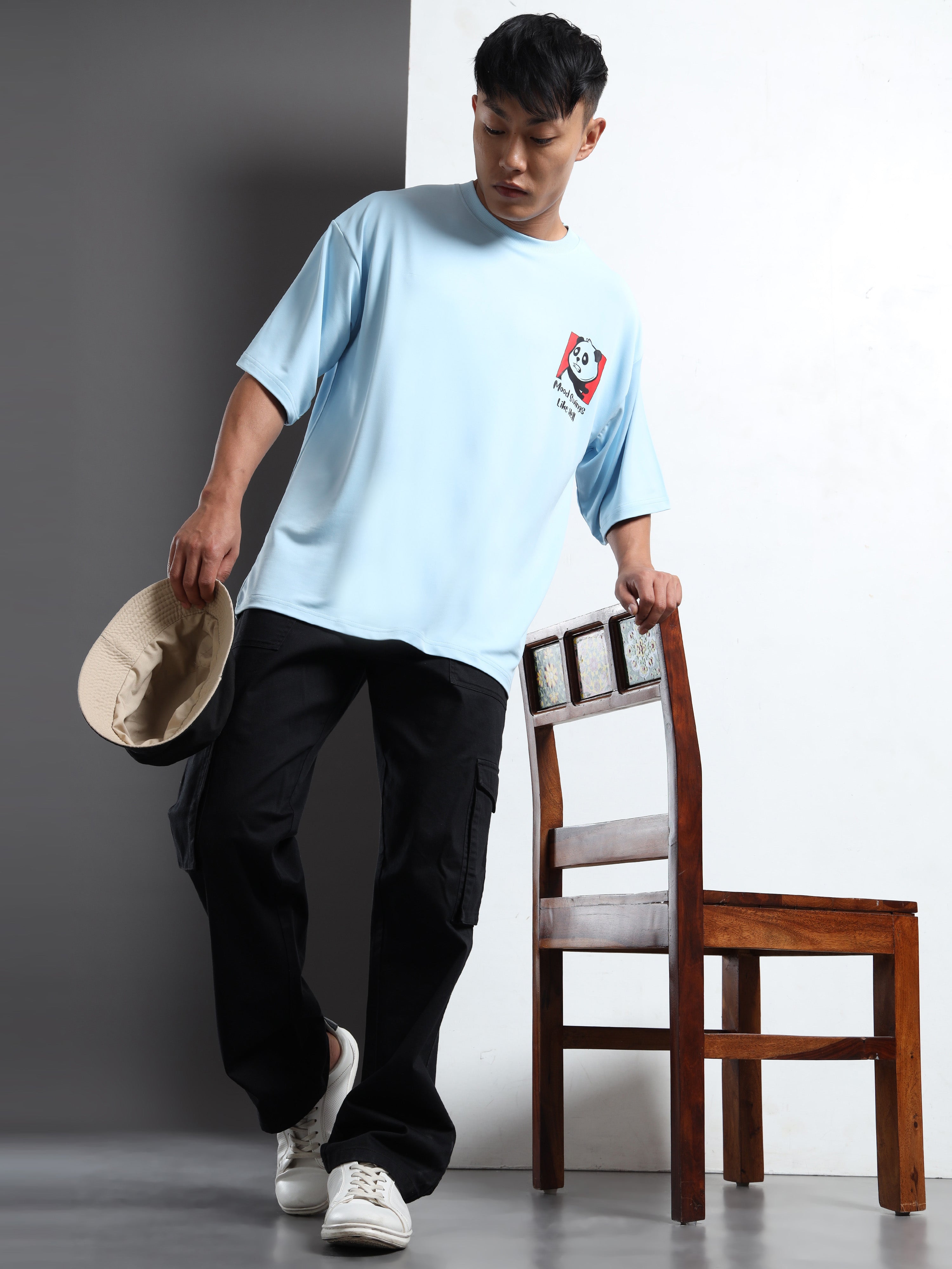 Men's Light Blue Mood of the Day Panda Oversized T-Shirt
