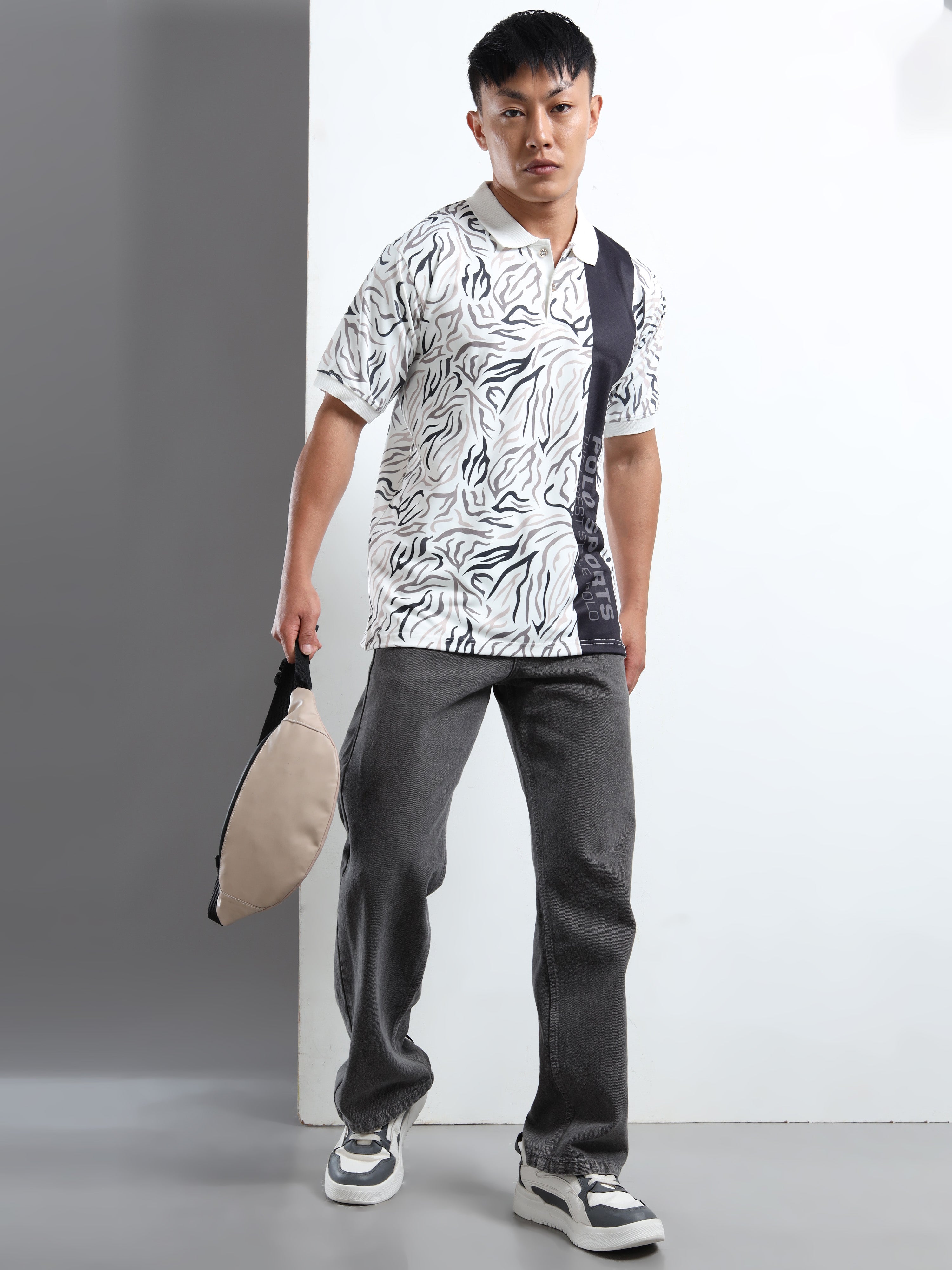 Zebra Printed Polo Collar Men T-Shirt