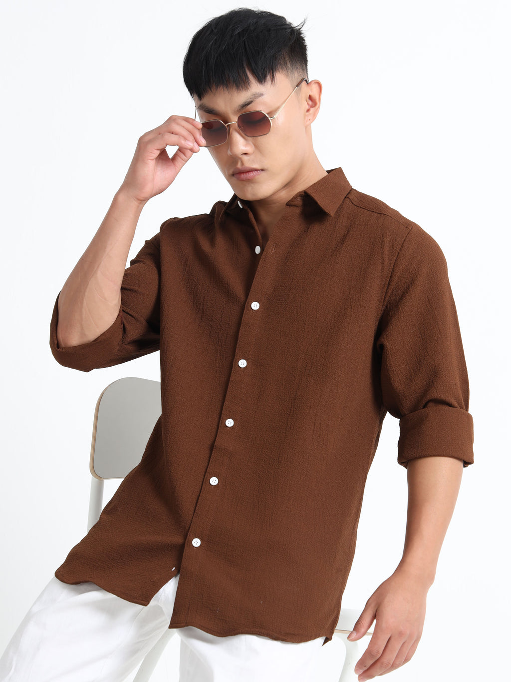 Men’s Coffee Brown Textured Casual Button-Down Shirt