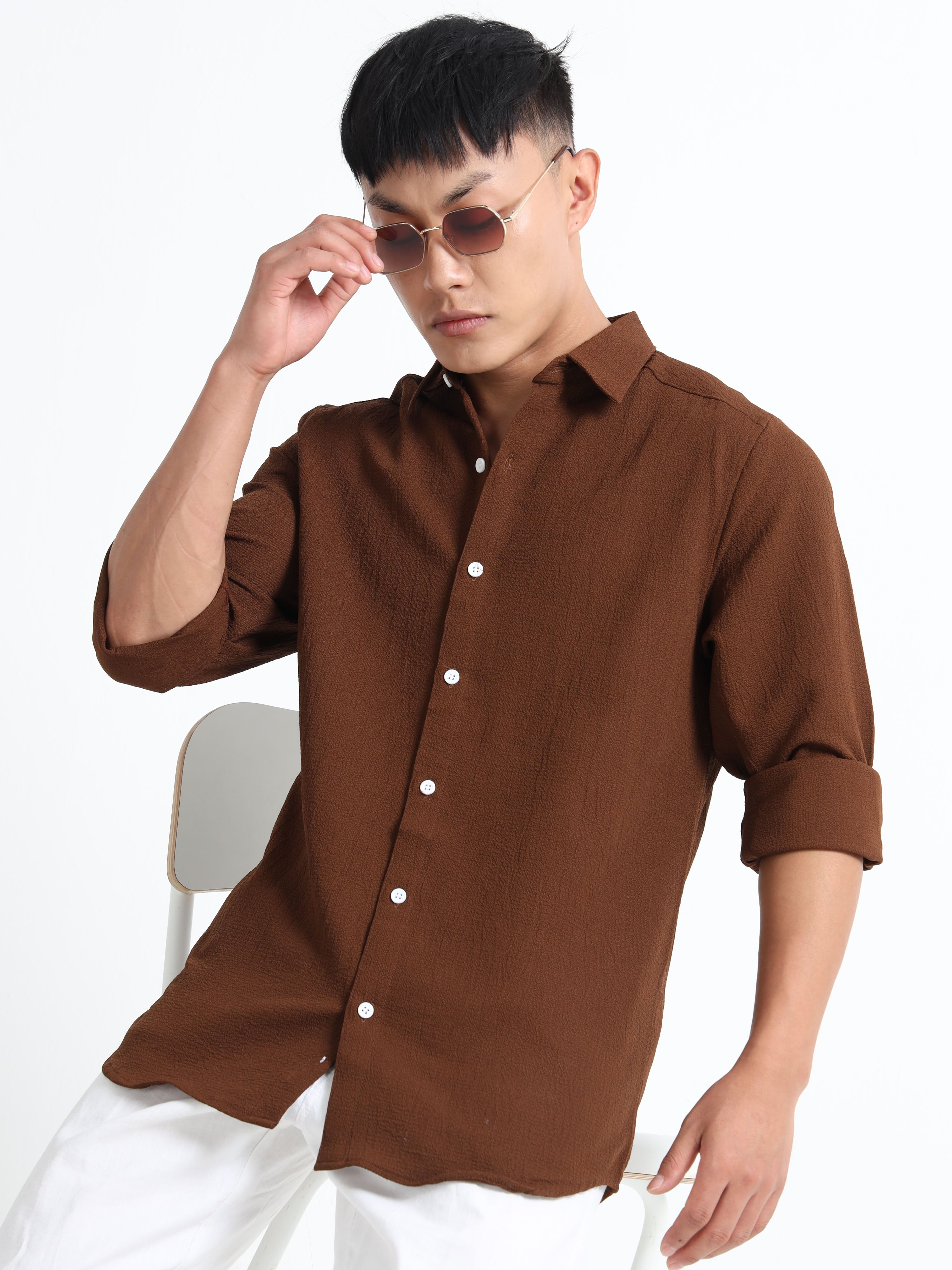 Men’s Coffee Brown Textured Casual Button-Down Shirt