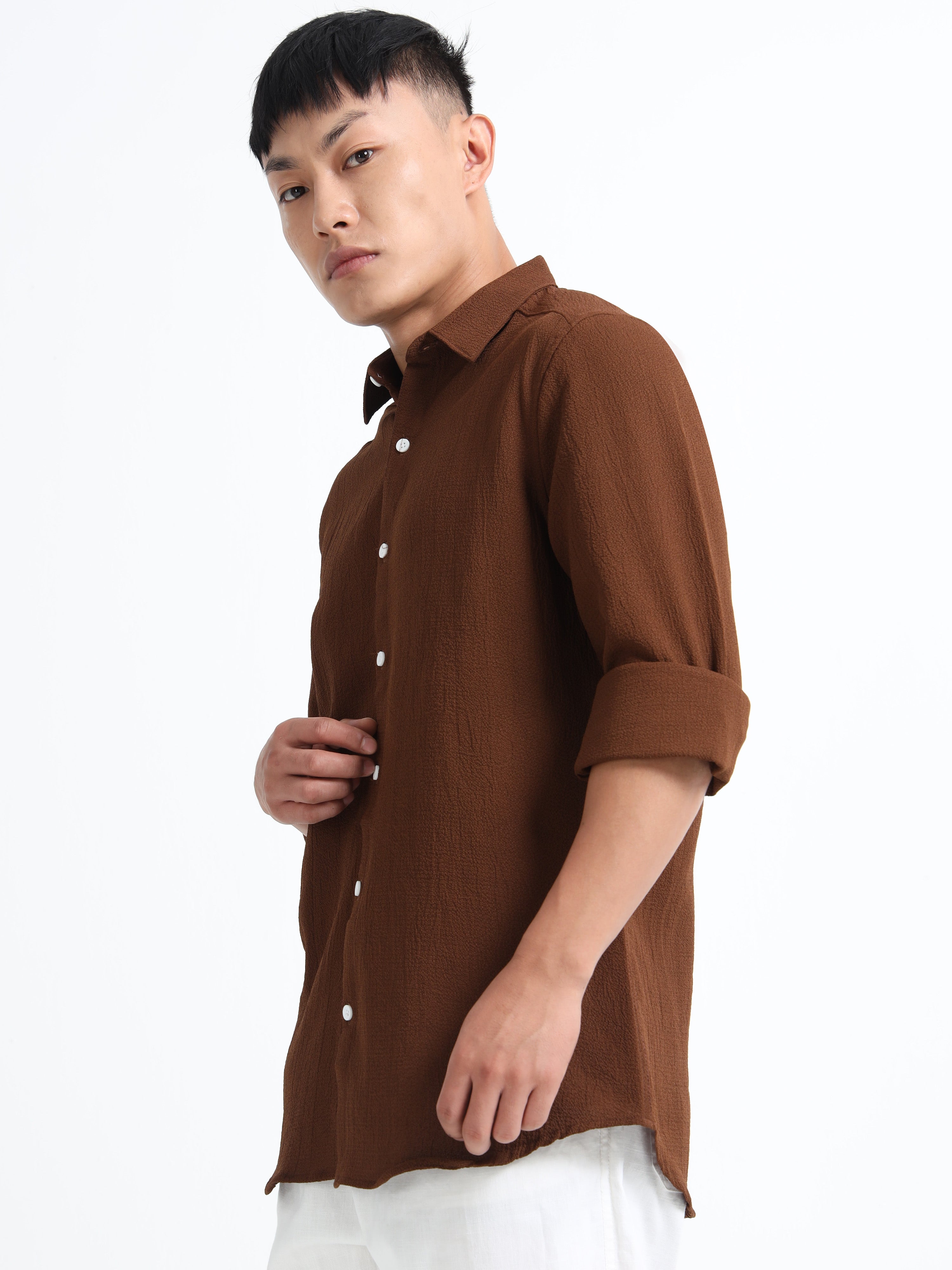 Men’s Coffee Brown Textured Casual Button-Down Shirt