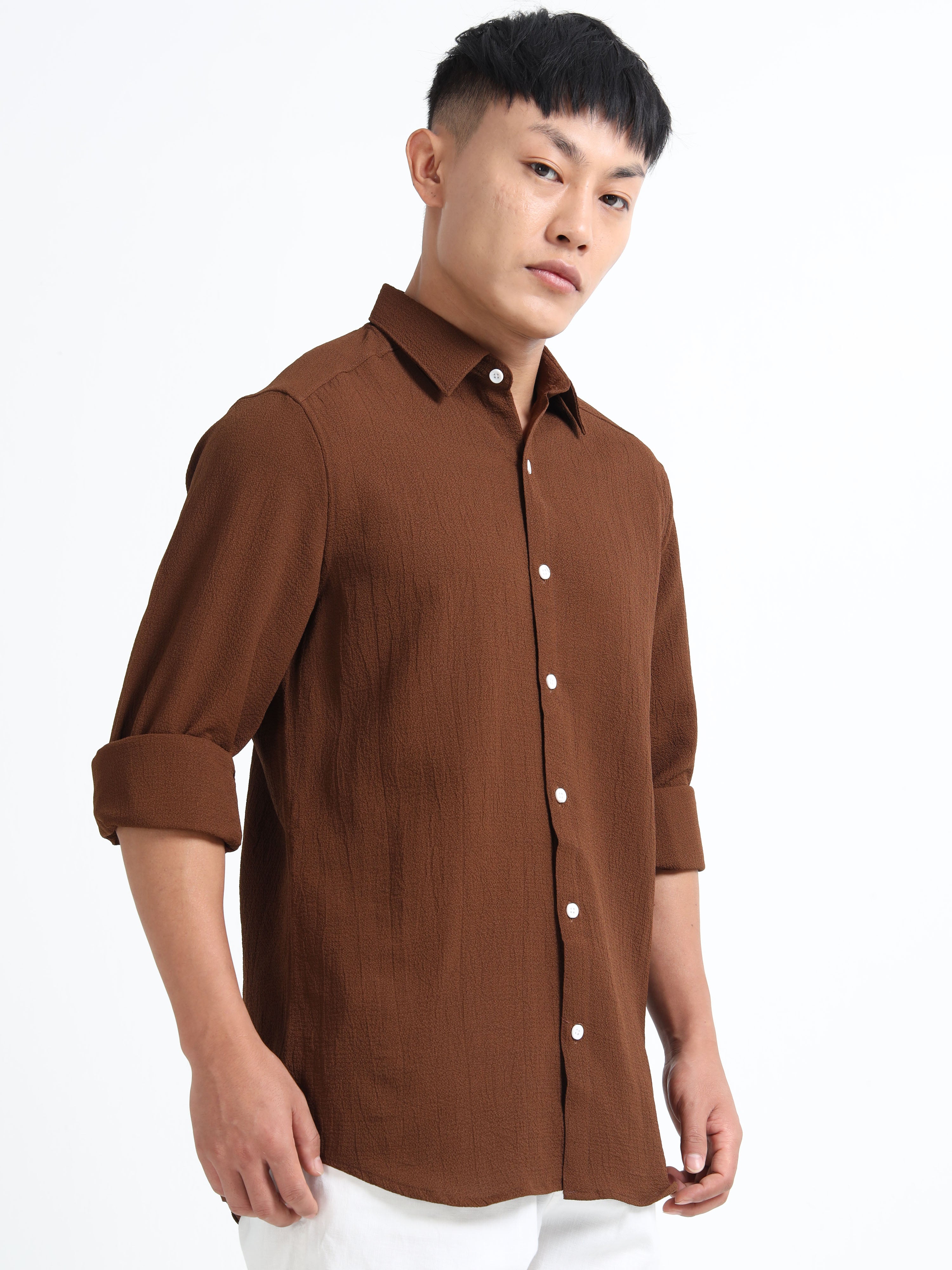 Men’s Coffee Brown Textured Casual Button-Down Shirt