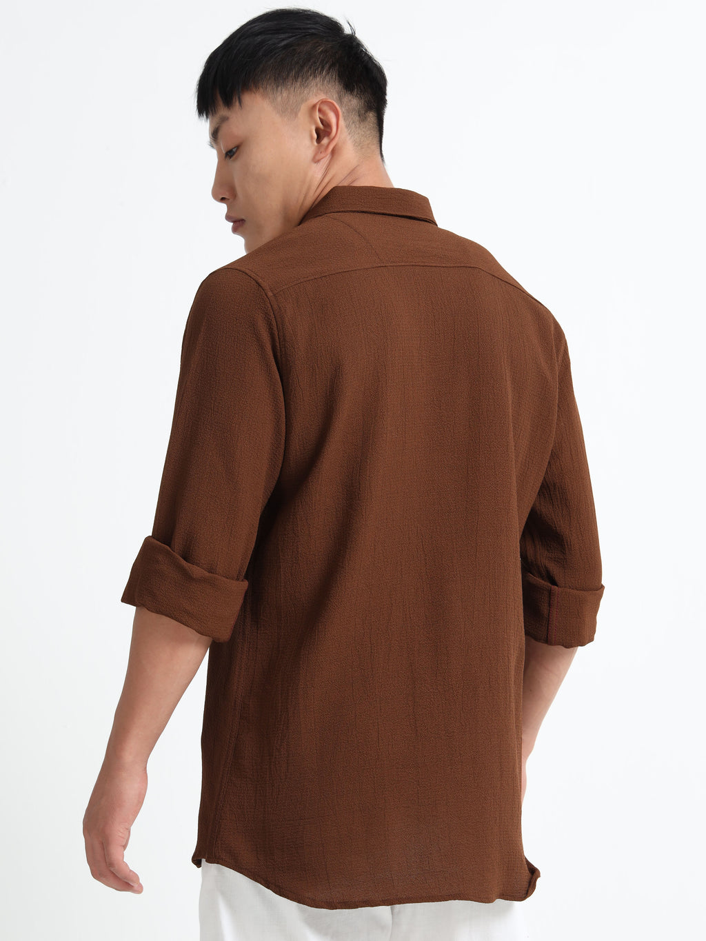 Men’s Coffee Brown Textured Casual Button-Down Shirt