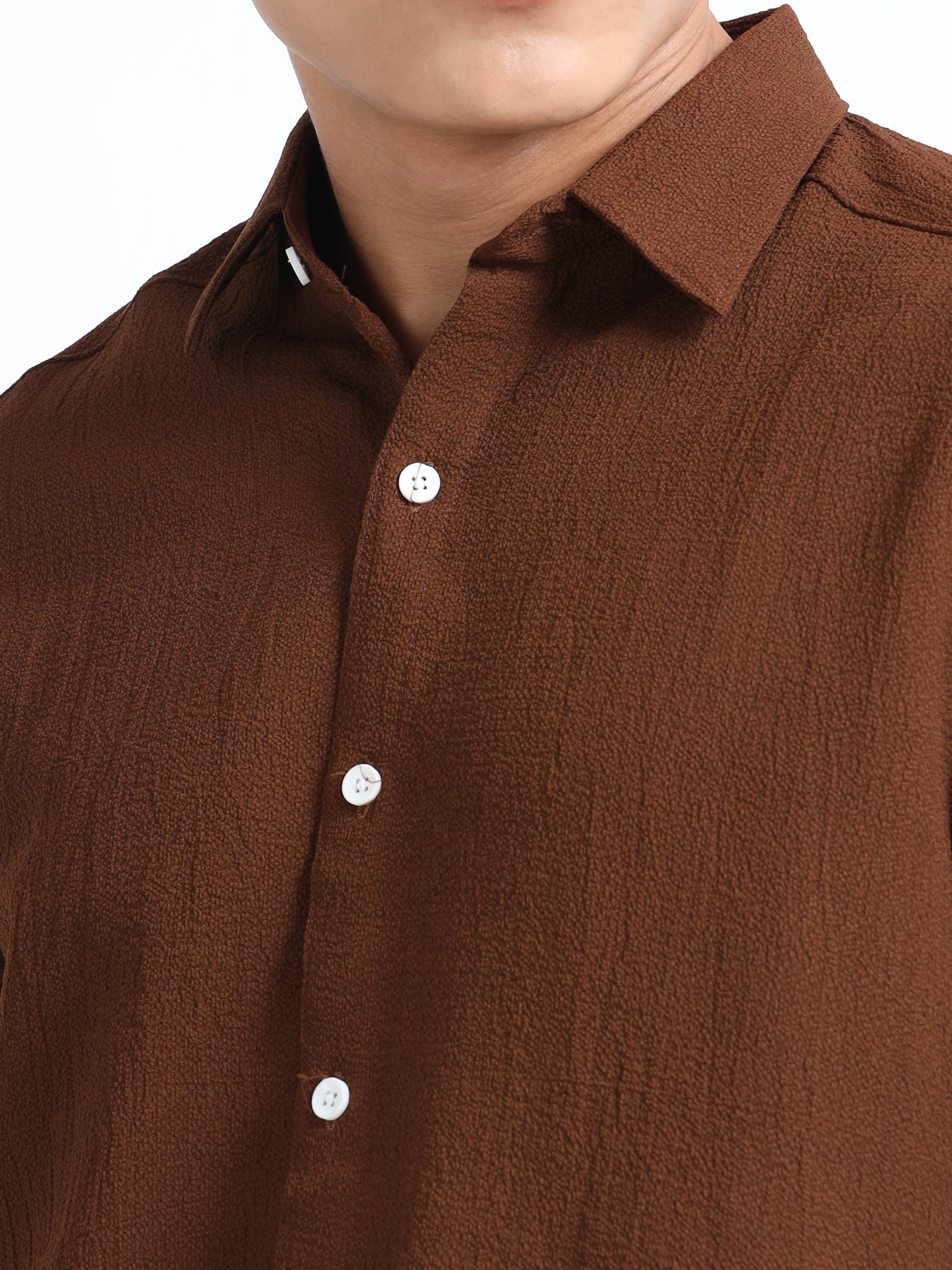 Men’s Coffee Brown Textured Casual Button-Down Shirt