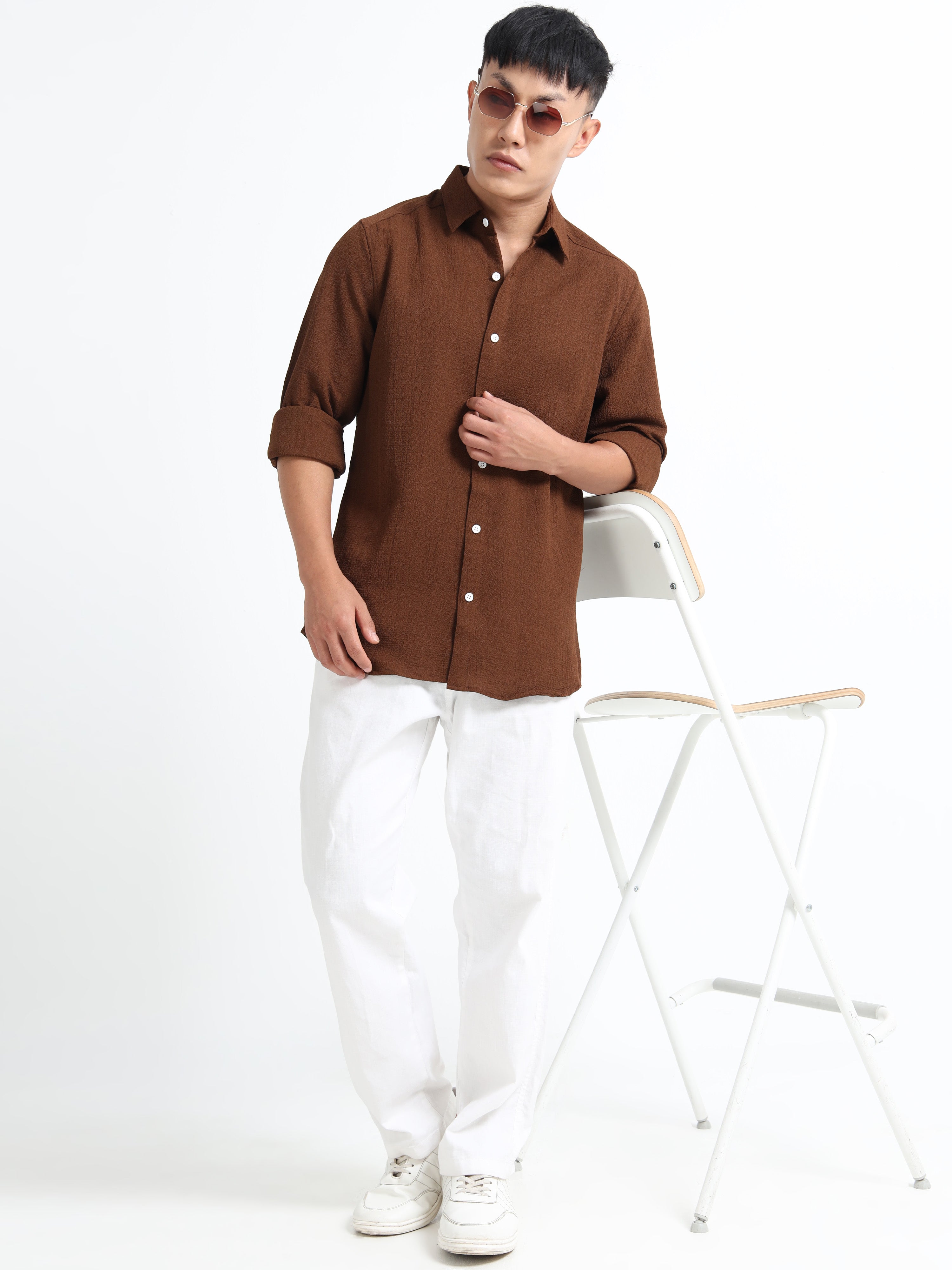 Men’s Coffee Brown Textured Casual Button-Down Shirt