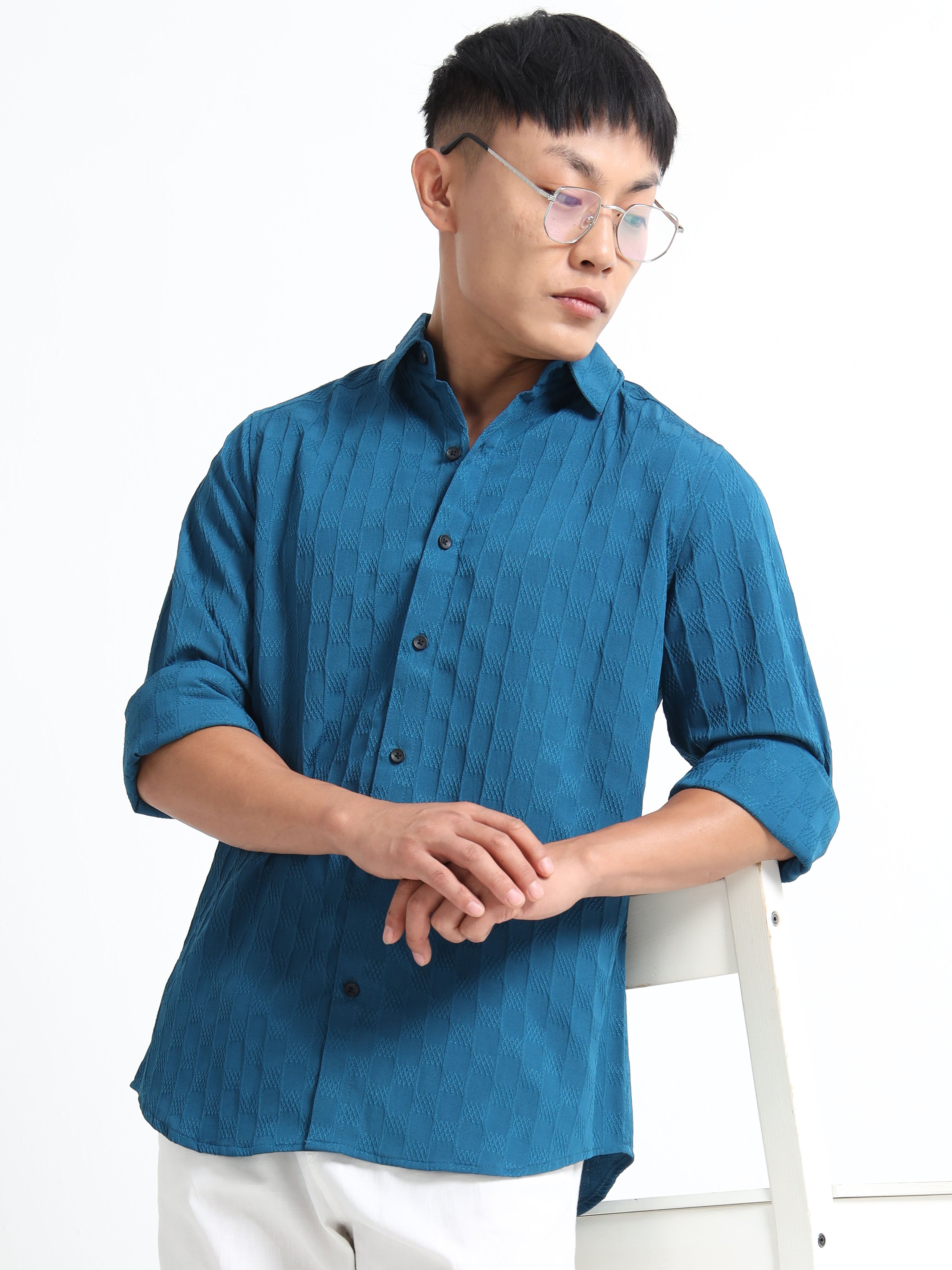 Men’s Teal Blue Textured Check Casual Shirt