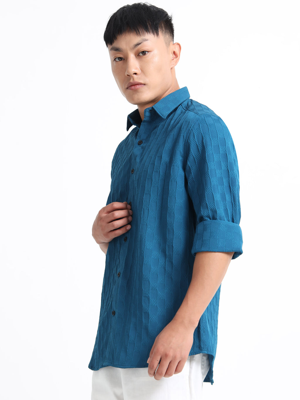 Men’s Teal Blue Textured Check Casual Shirt