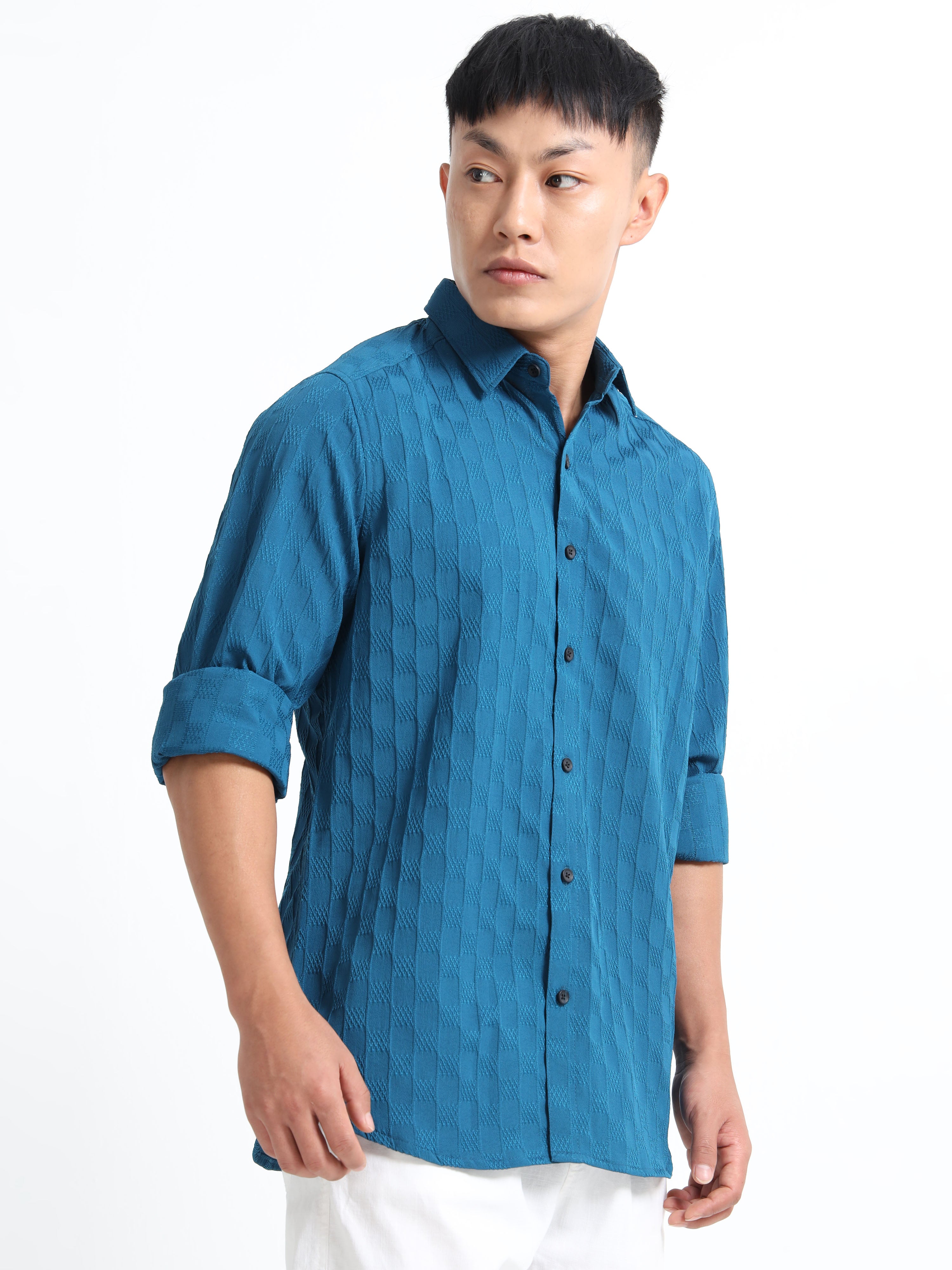 Men’s Teal Blue Textured Check Casual Shirt