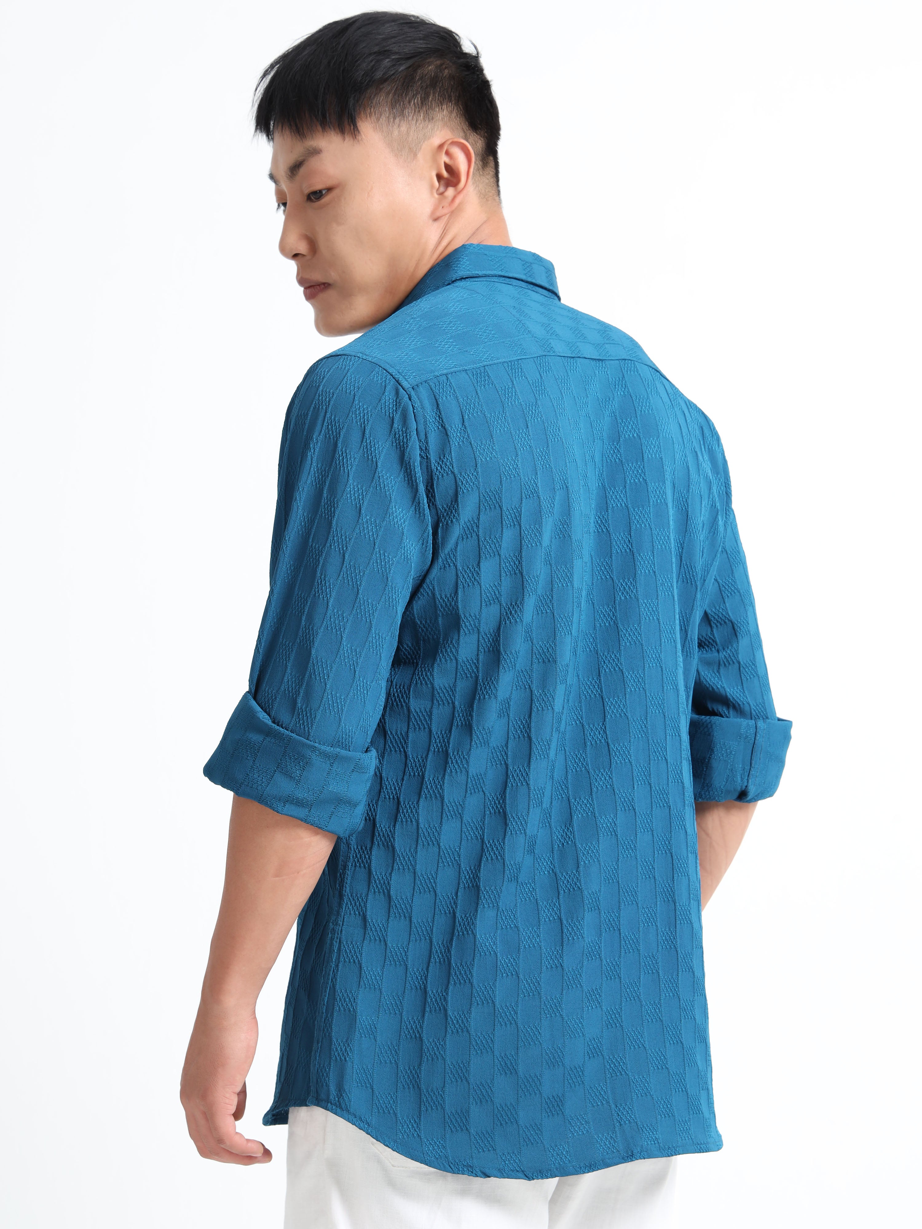 Men’s Teal Blue Textured Check Casual Shirt
