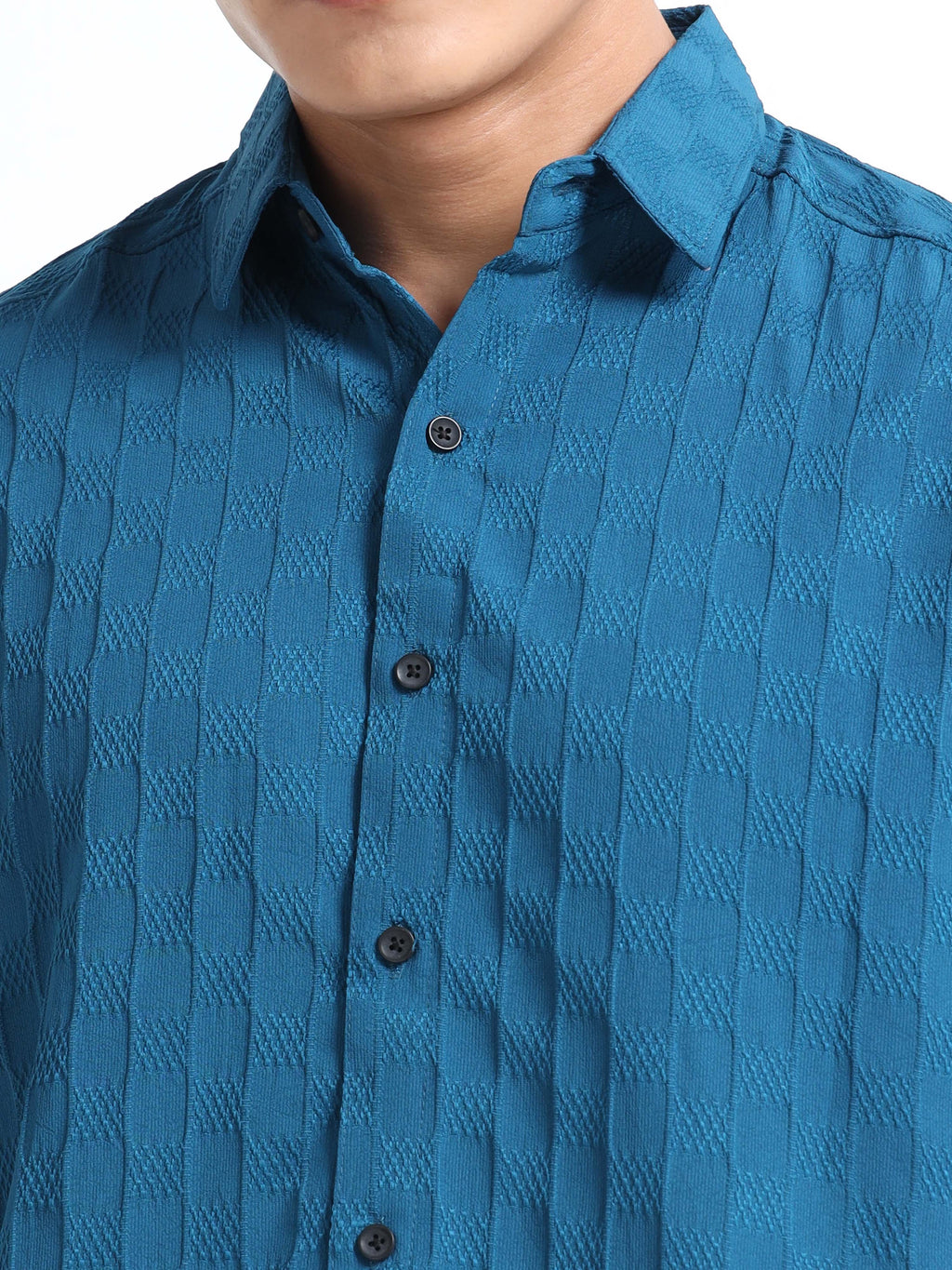 Men’s Teal Blue Textured Check Casual Shirt