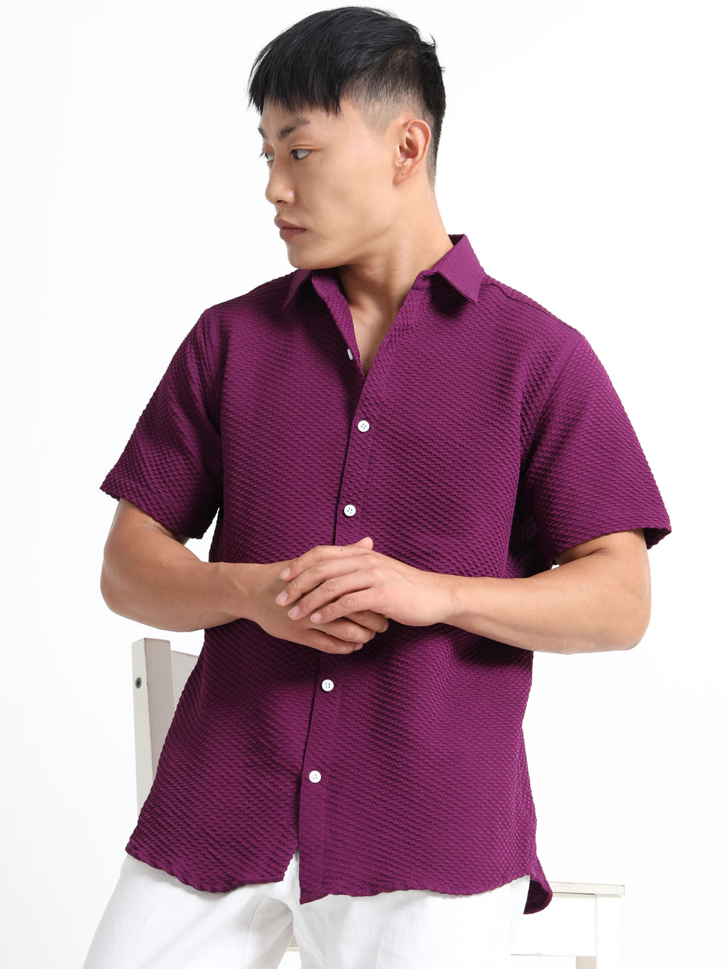 Men's Purple Geometric Textured Short Sleeve Casual Shirt