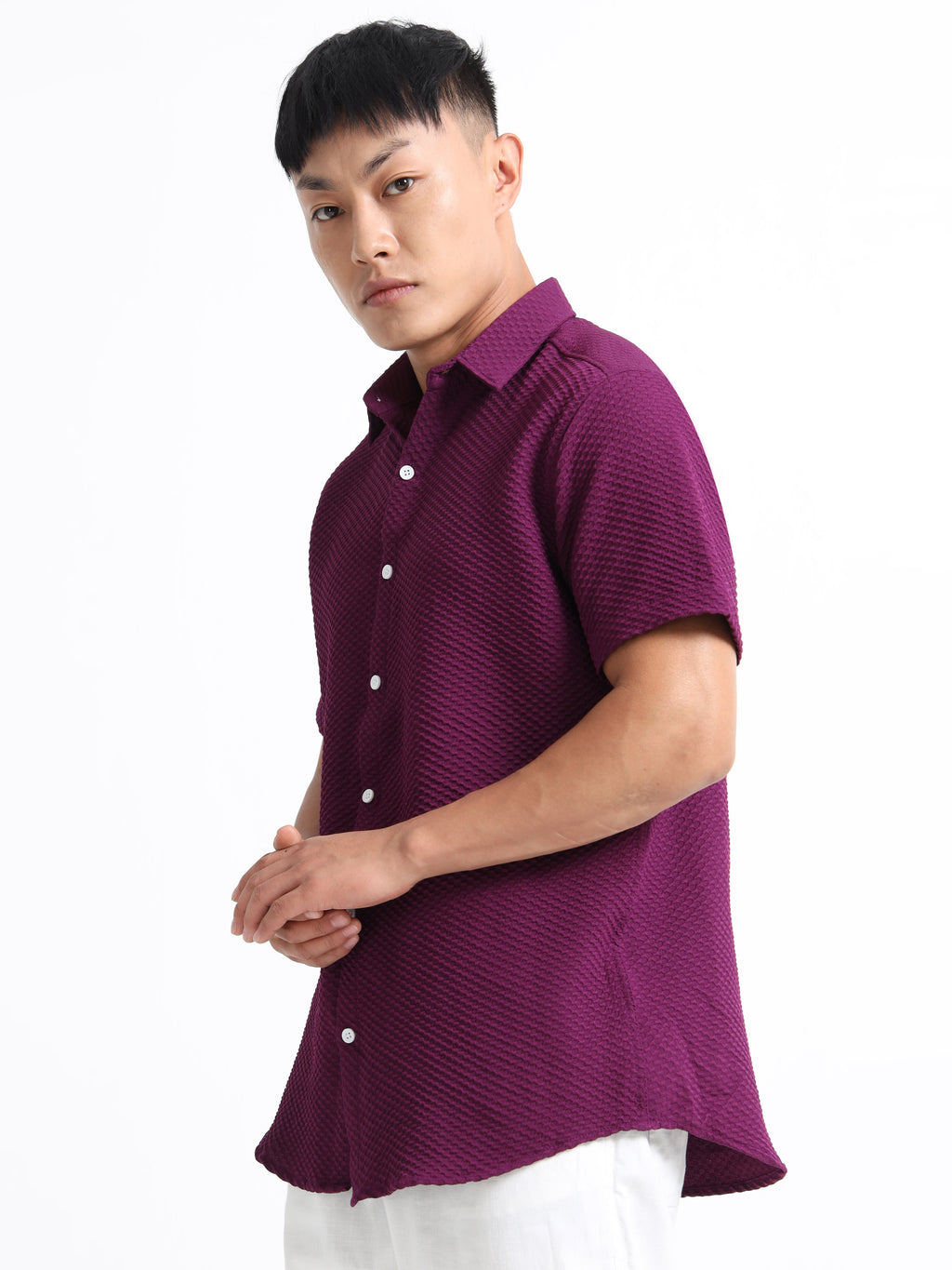 Men's Purple Geometric Textured Short Sleeve Casual Shirt