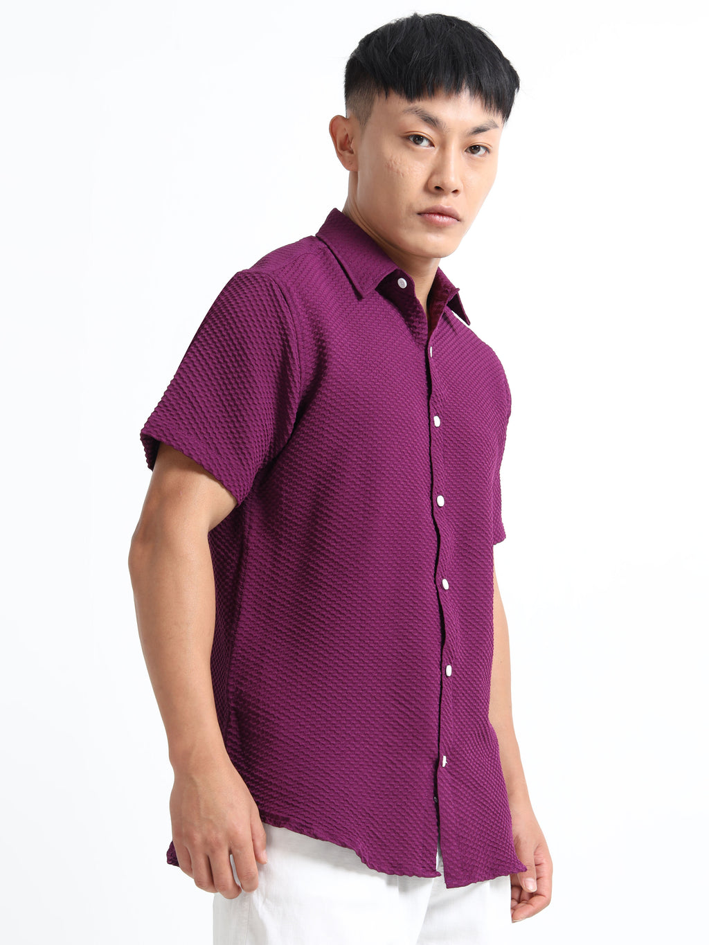 Men's Purple Geometric Textured Short Sleeve Casual Shirt