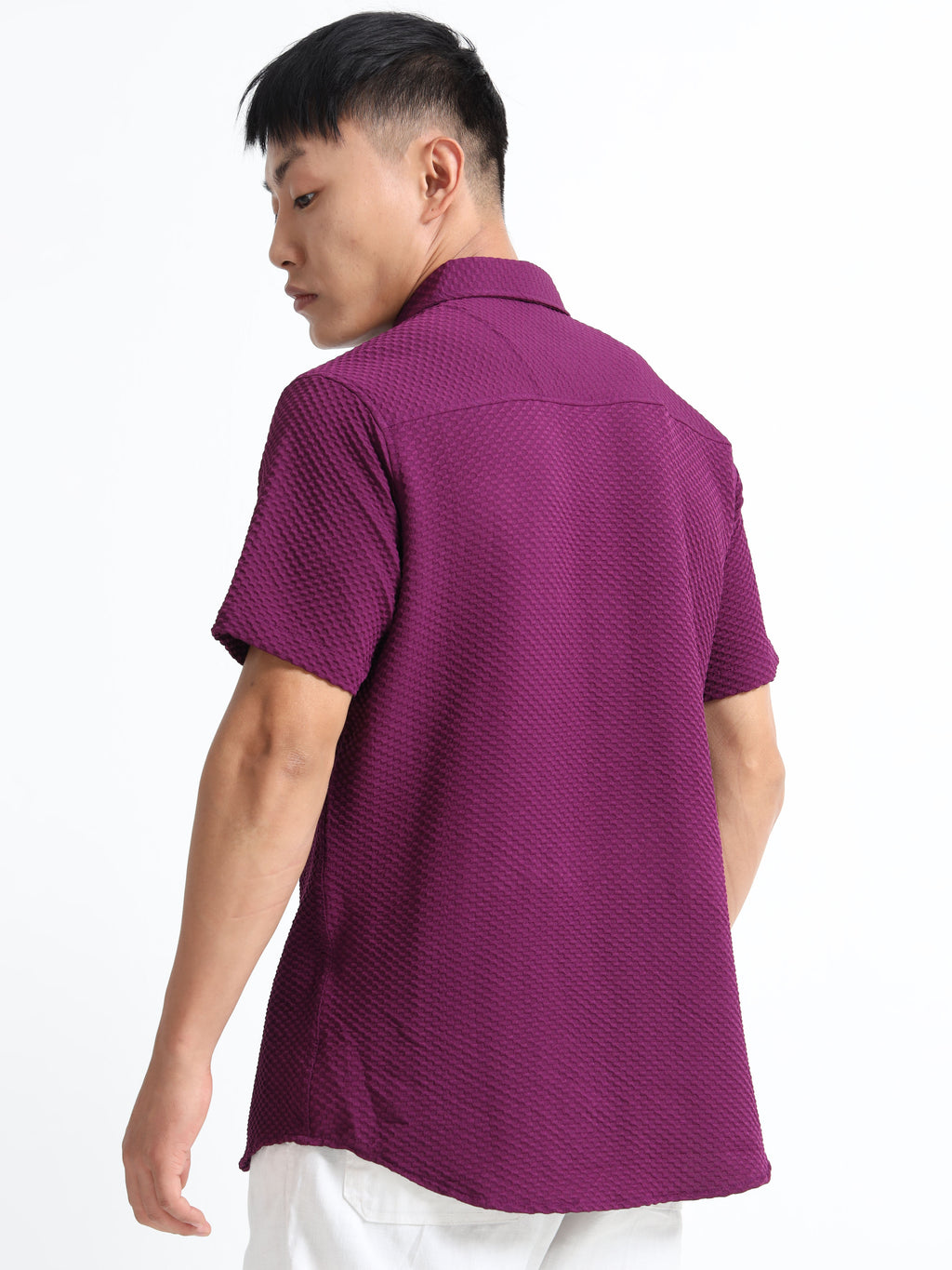 Men's Purple Geometric Textured Short Sleeve Casual Shirt