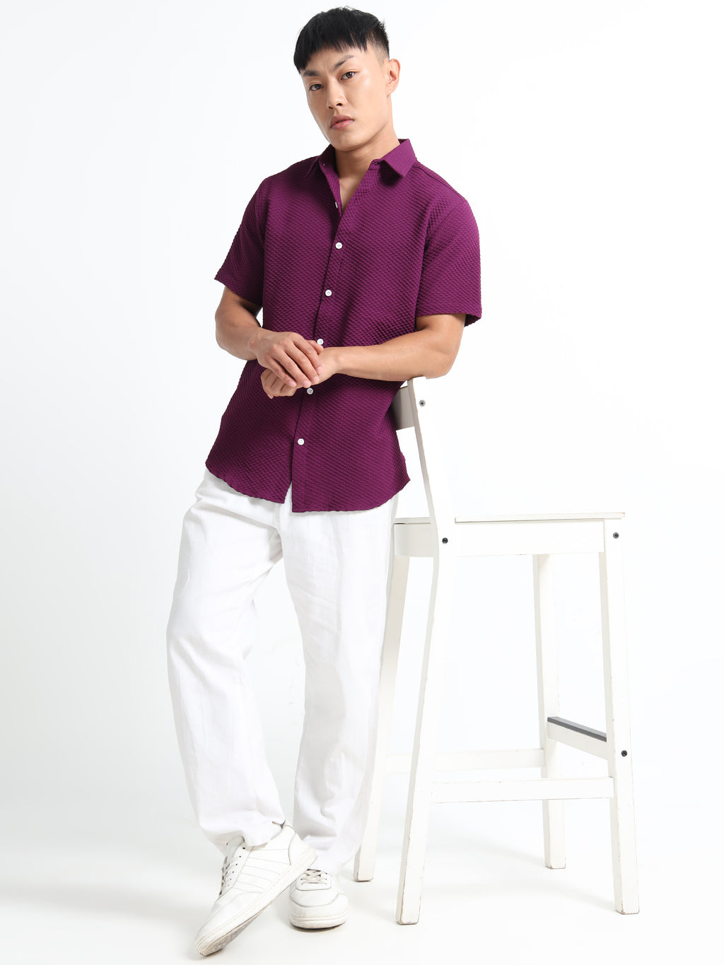 Men's Purple Geometric Textured Short Sleeve Casual Shirt