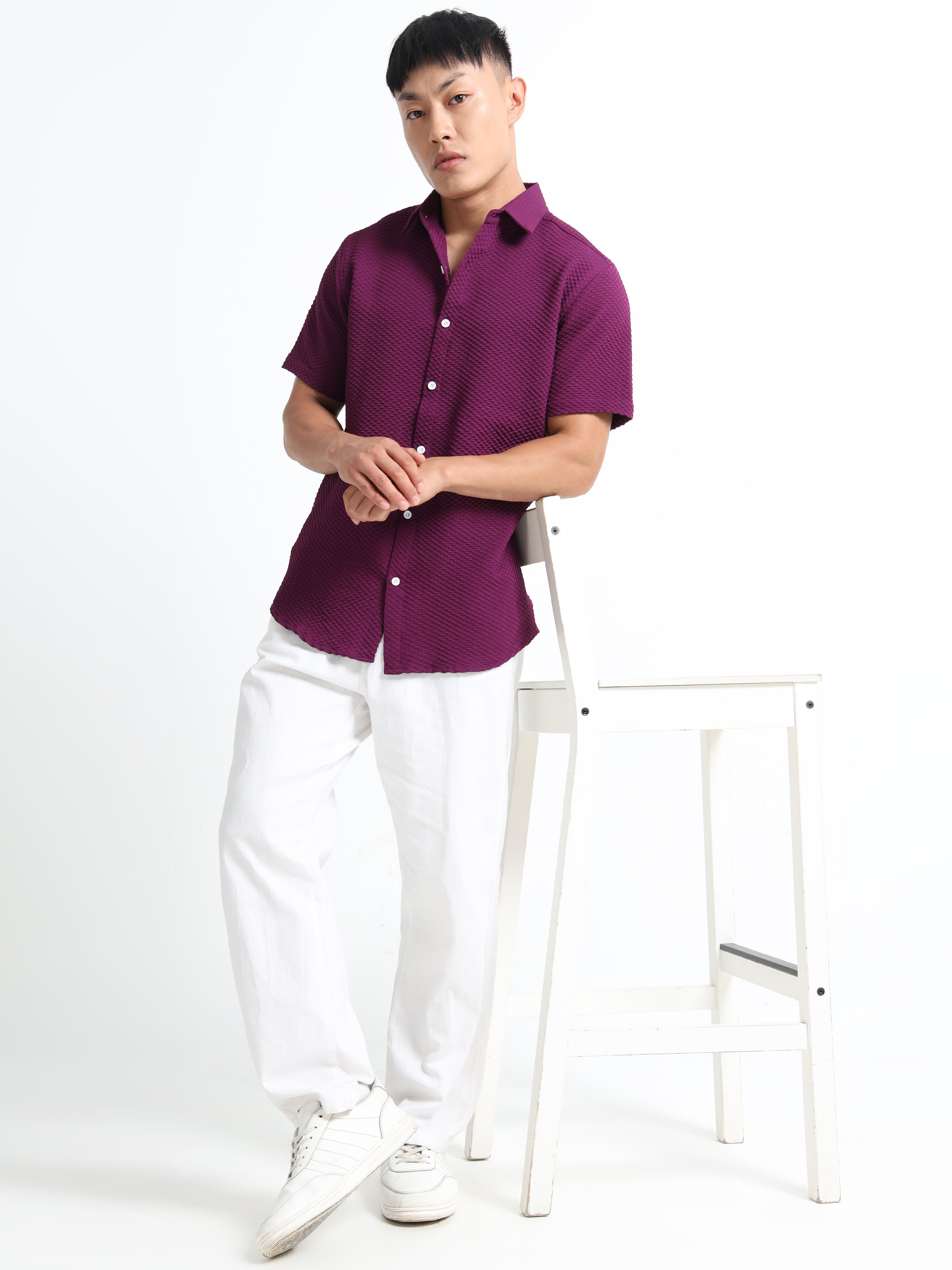 Men's Purple Geometric Textured Short Sleeve Casual Shirt