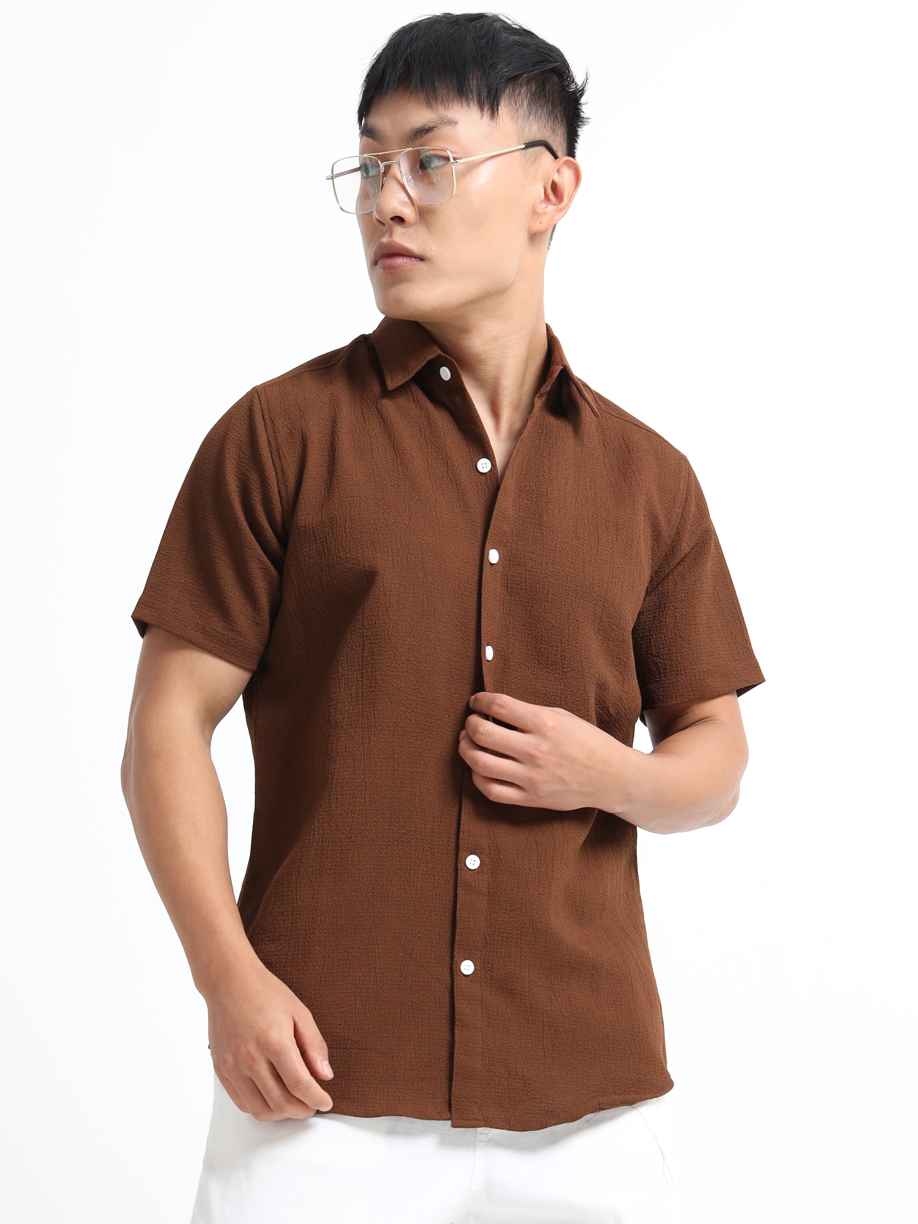 Men's Chocolate Crinkled Textured Short Sleeve Casual Shirt
