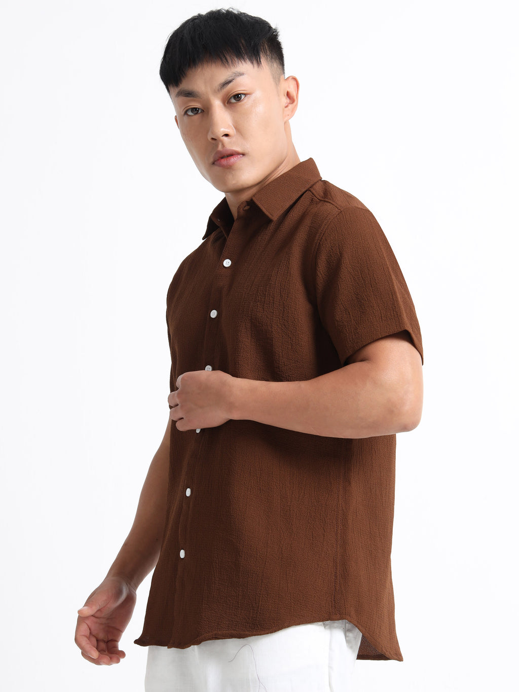 Men's Chocolate Crinkled Textured Short Sleeve Casual Shirt