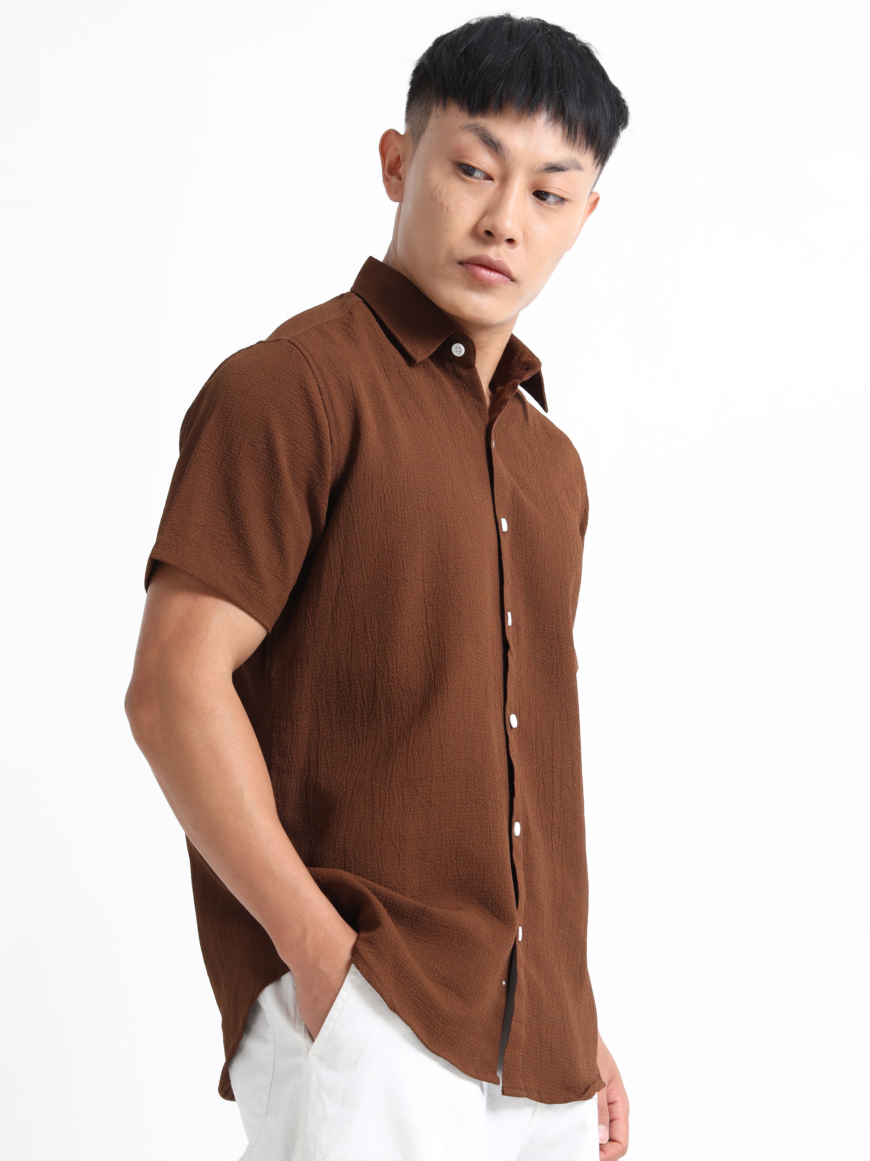 Men's Chocolate Crinkled Textured Short Sleeve Casual Shirt