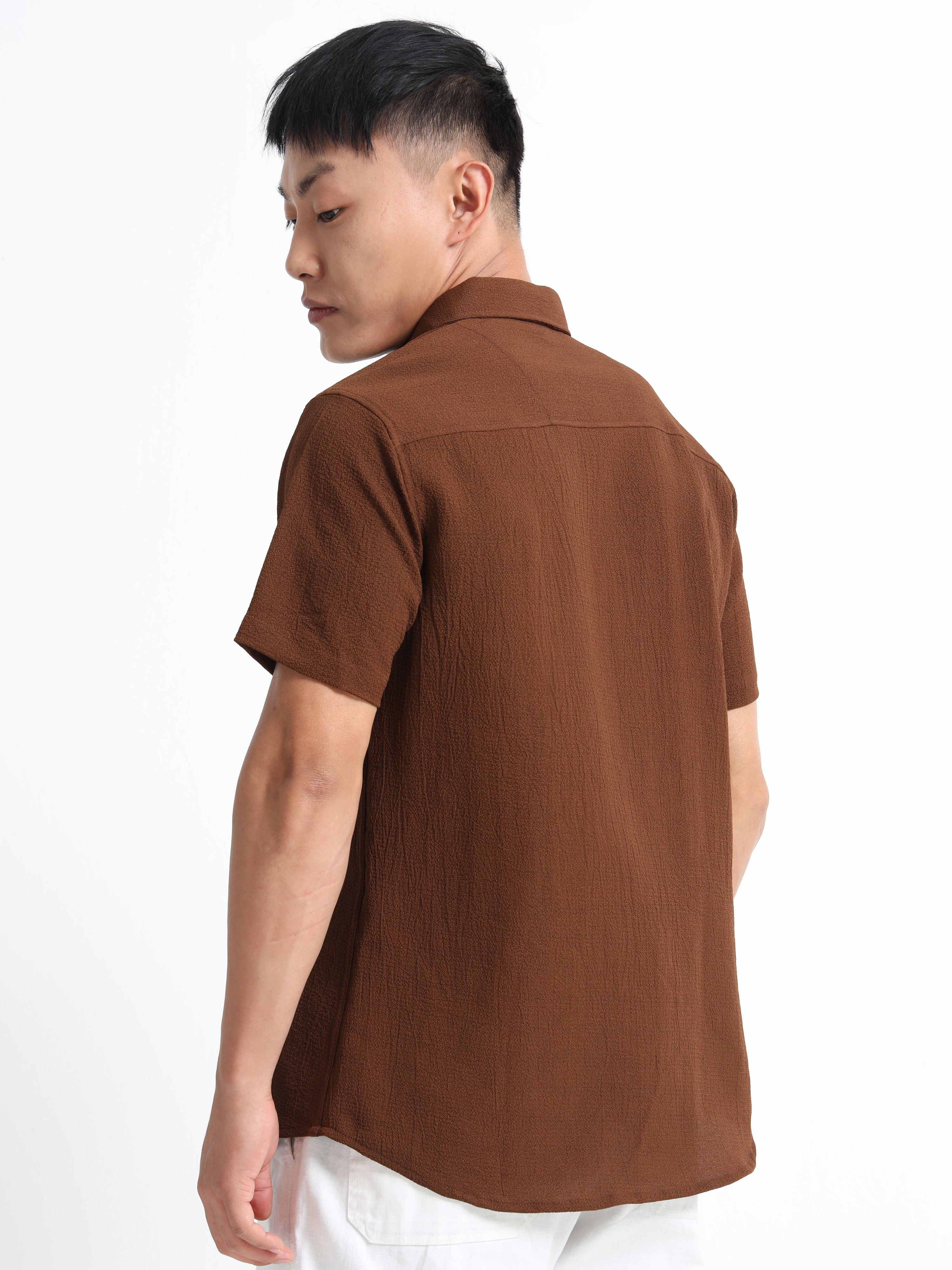 Men's Chocolate Crinkled Textured Short Sleeve Casual Shirt