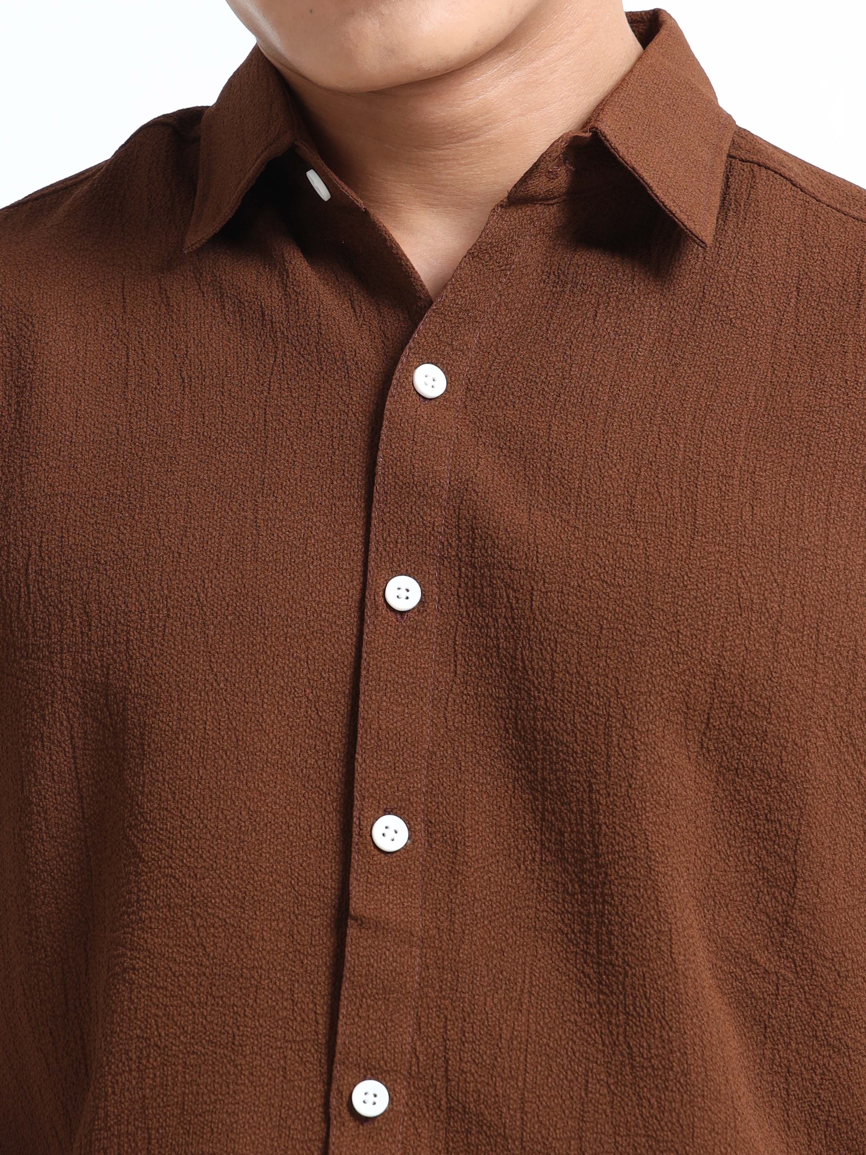 Men's Chocolate Crinkled Textured Short Sleeve Casual Shirt