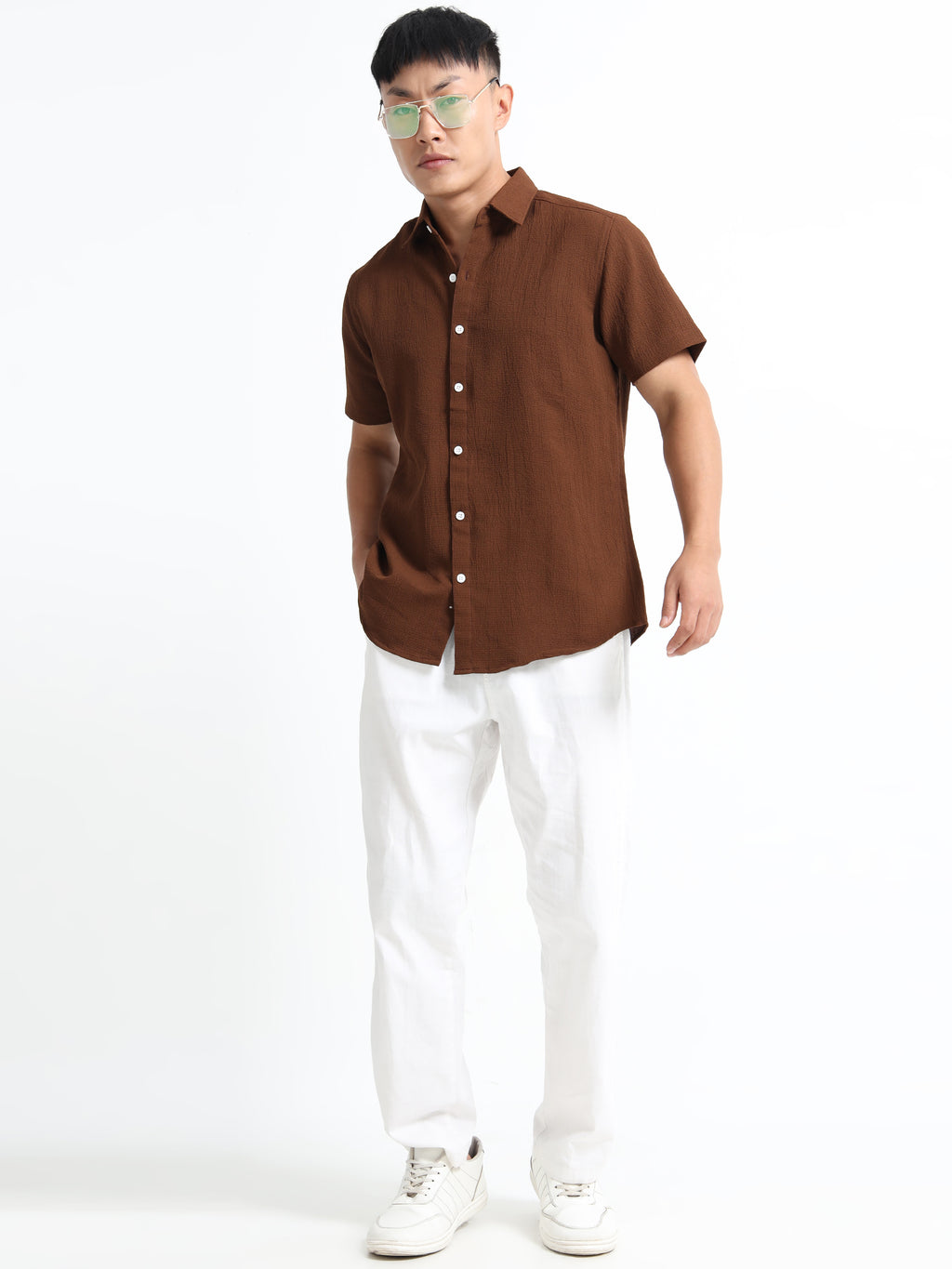 Men's Chocolate Crinkled Textured Short Sleeve Casual Shirt