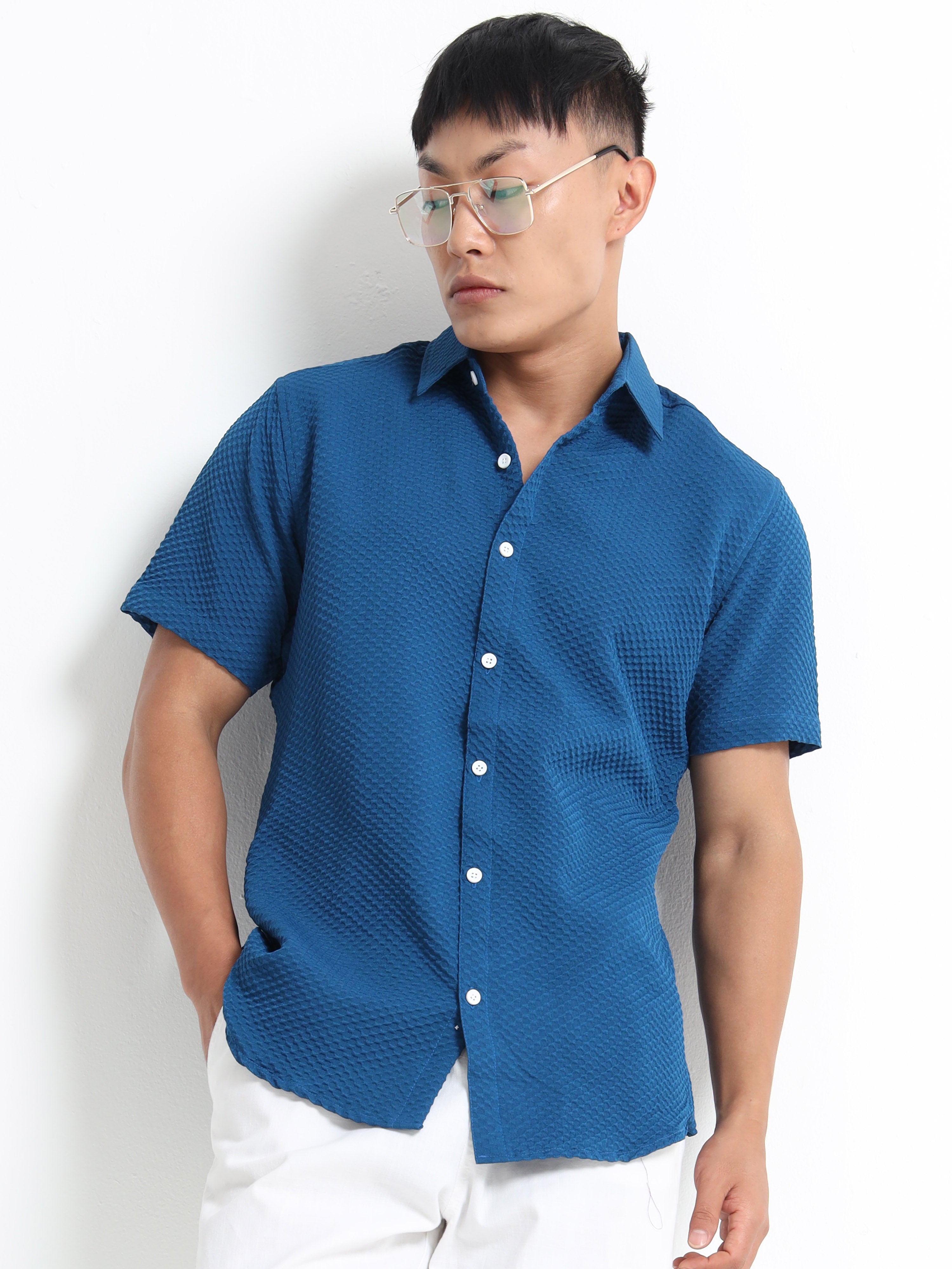 Men's Teal Geometric Textured Short Sleeve Casual Shirt