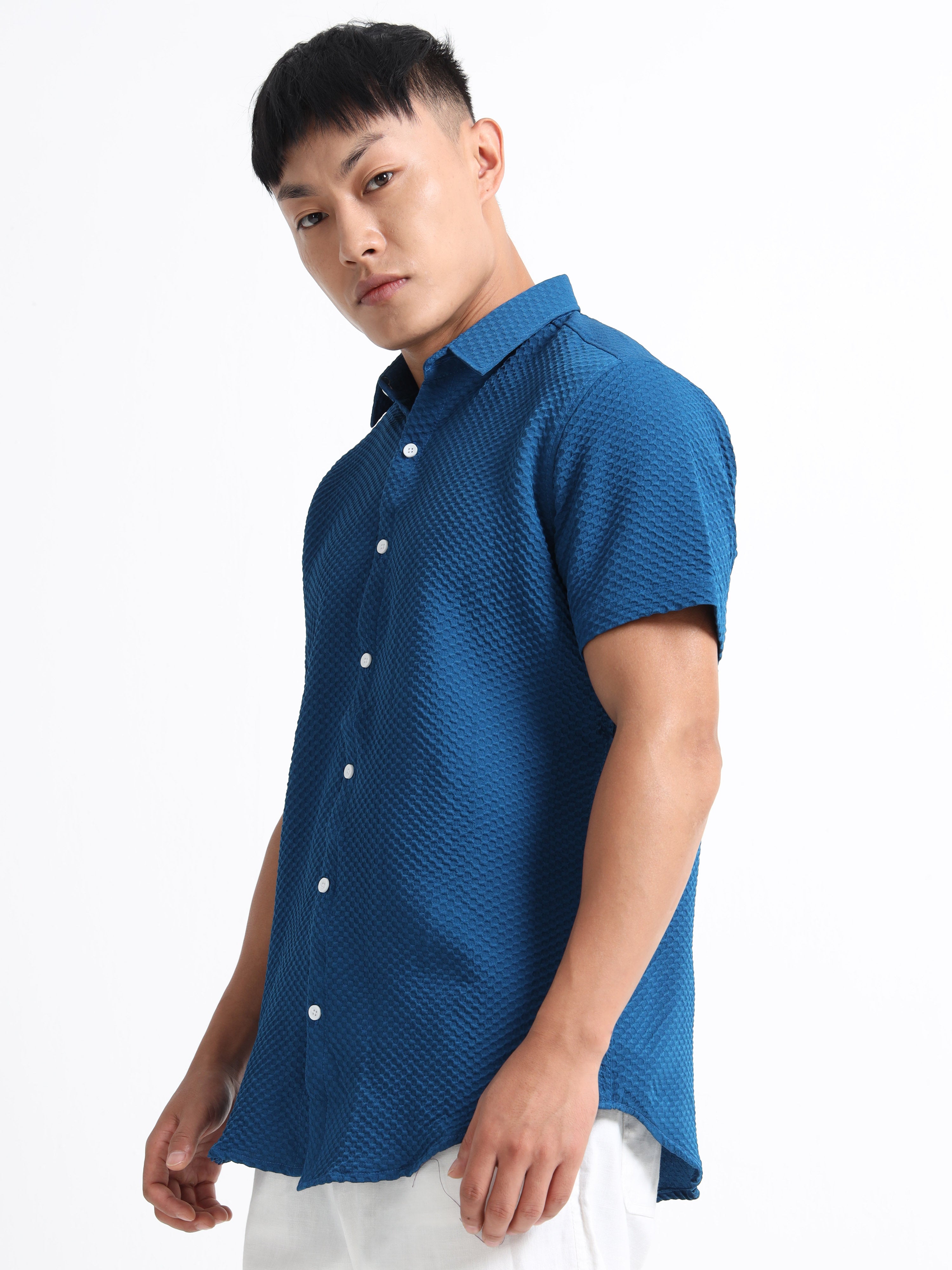Men's Teal Geometric Textured Short Sleeve Casual Shirt
