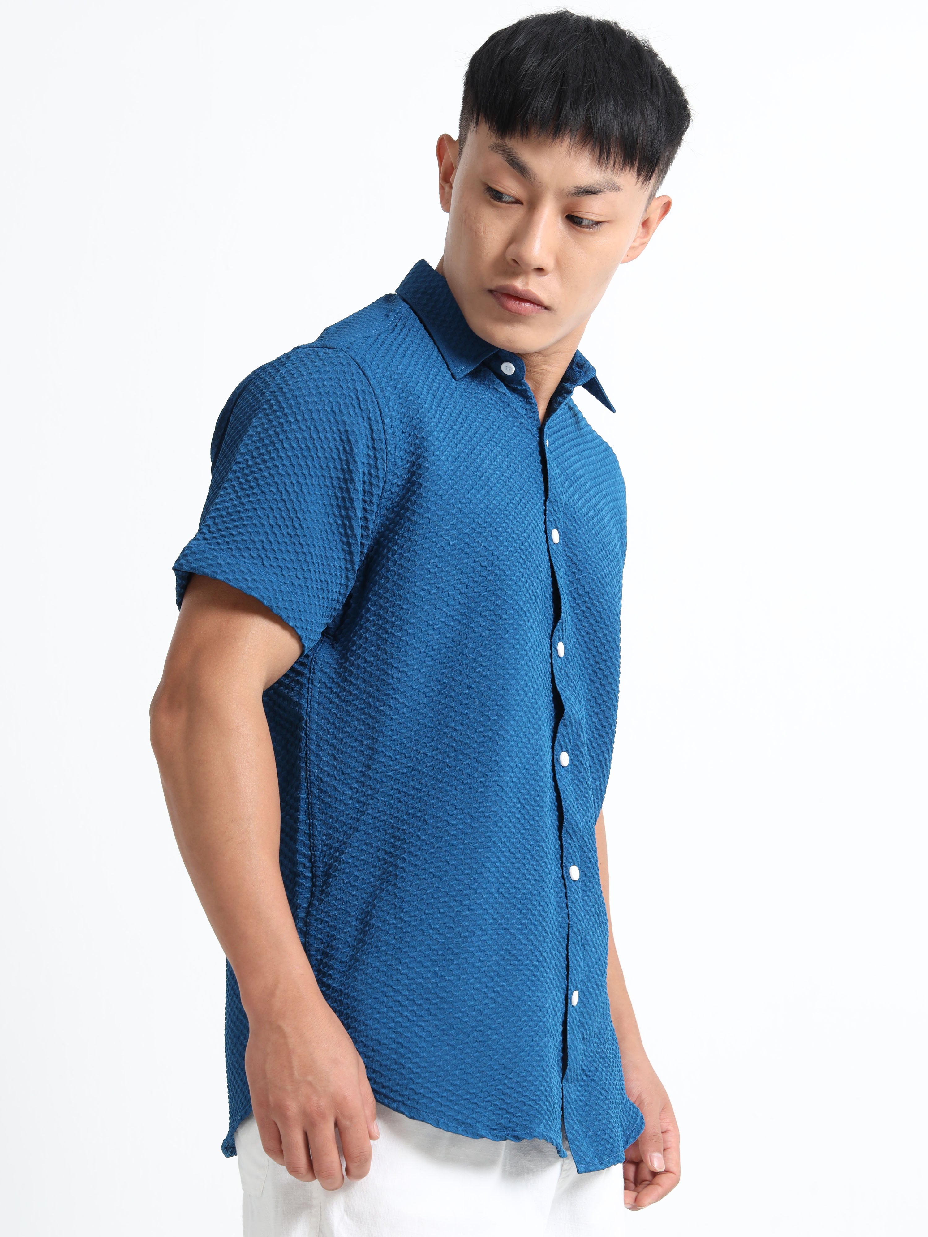 Men's Teal Geometric Textured Short Sleeve Casual Shirt