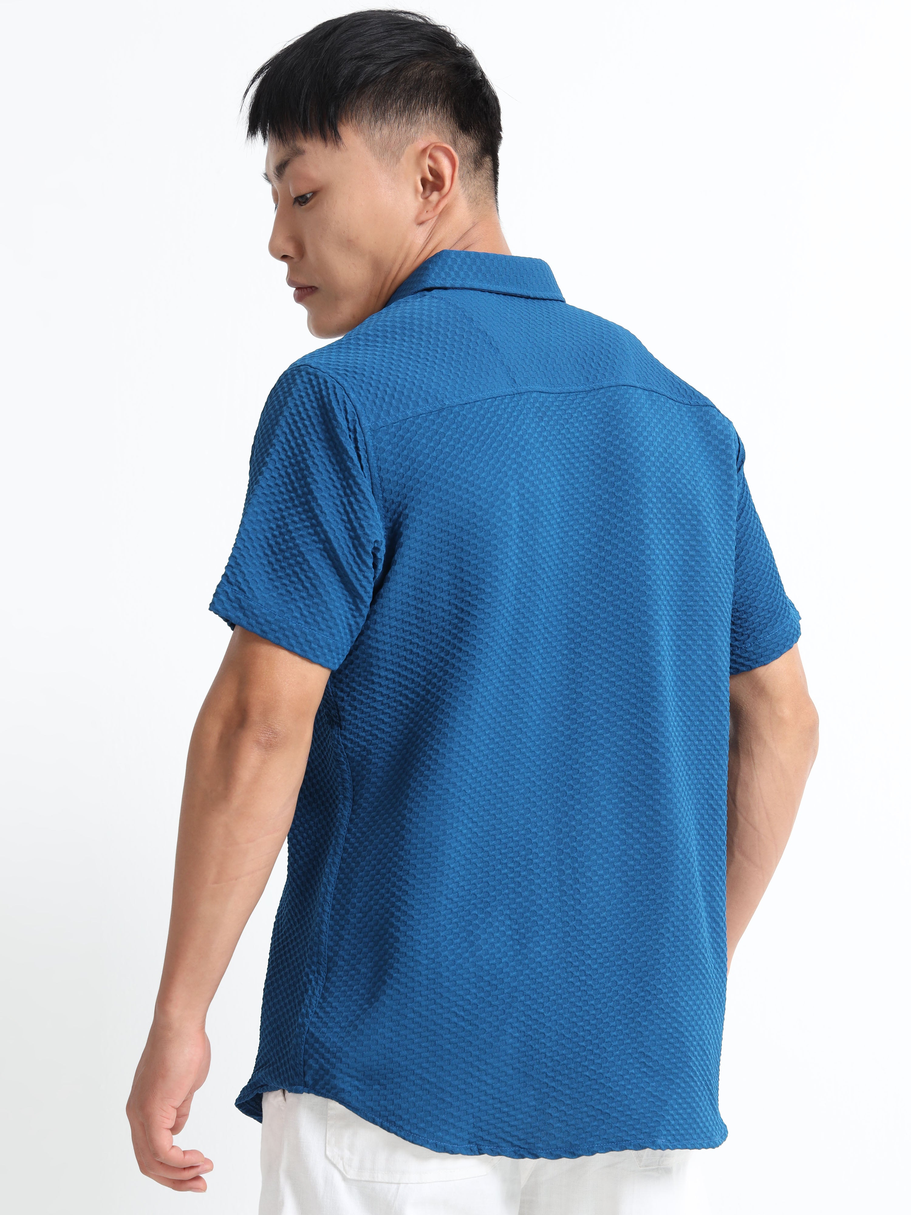 Men's Teal Geometric Textured Short Sleeve Casual Shirt