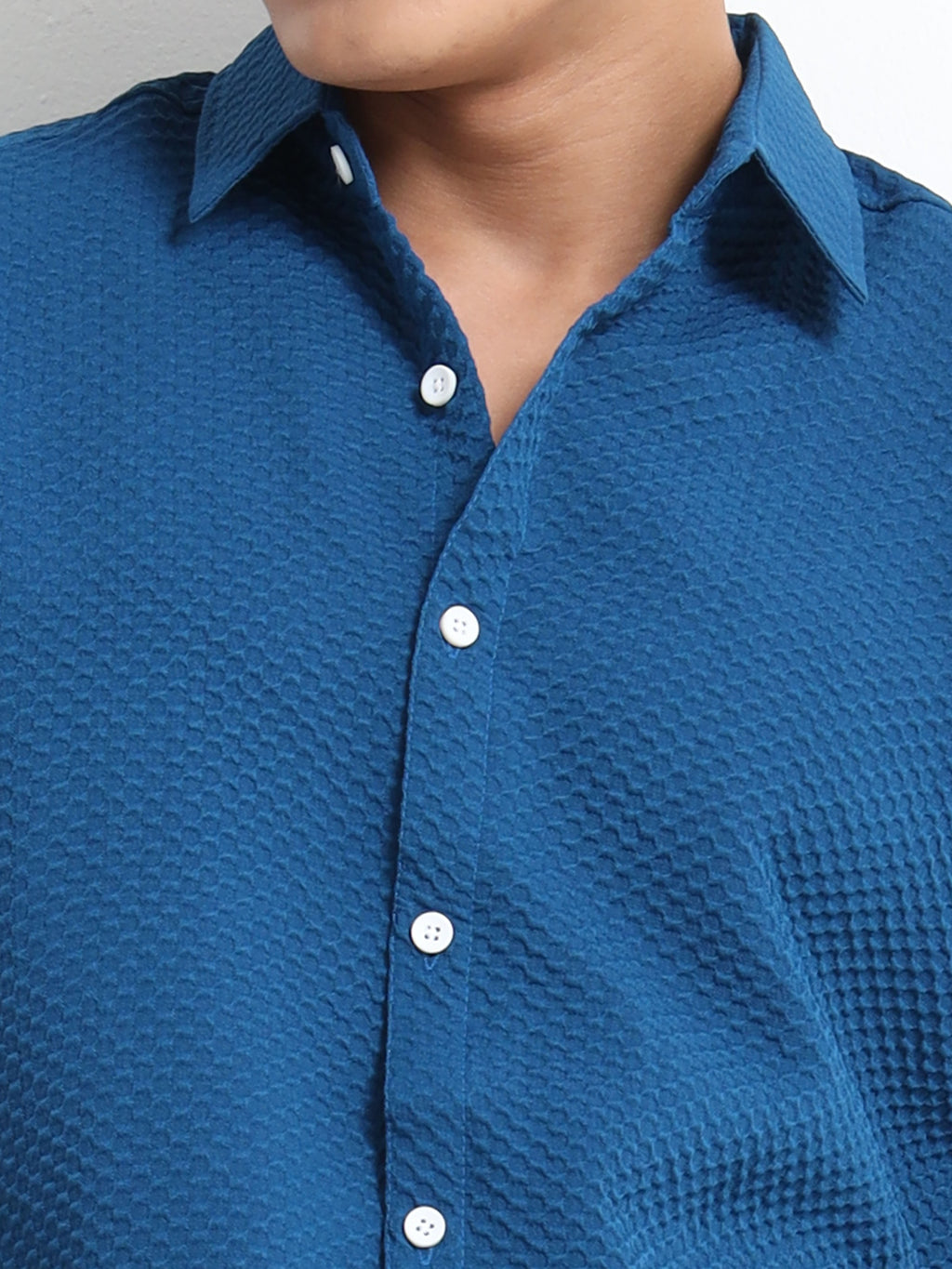 Men's Teal Geometric Textured Short Sleeve Casual Shirt