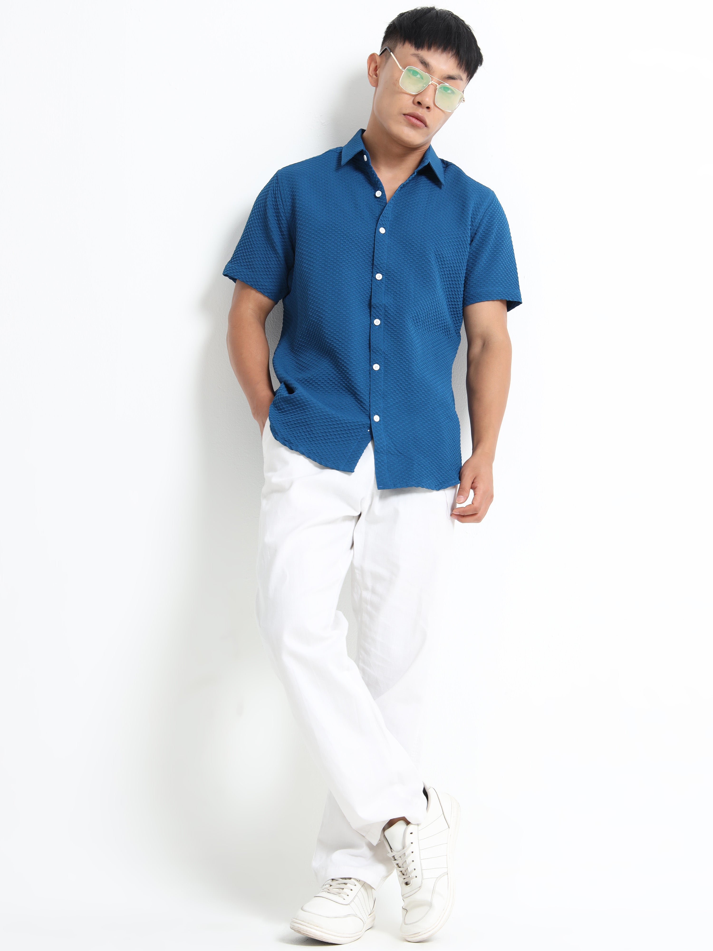 Men's Teal Geometric Textured Short Sleeve Casual Shirt